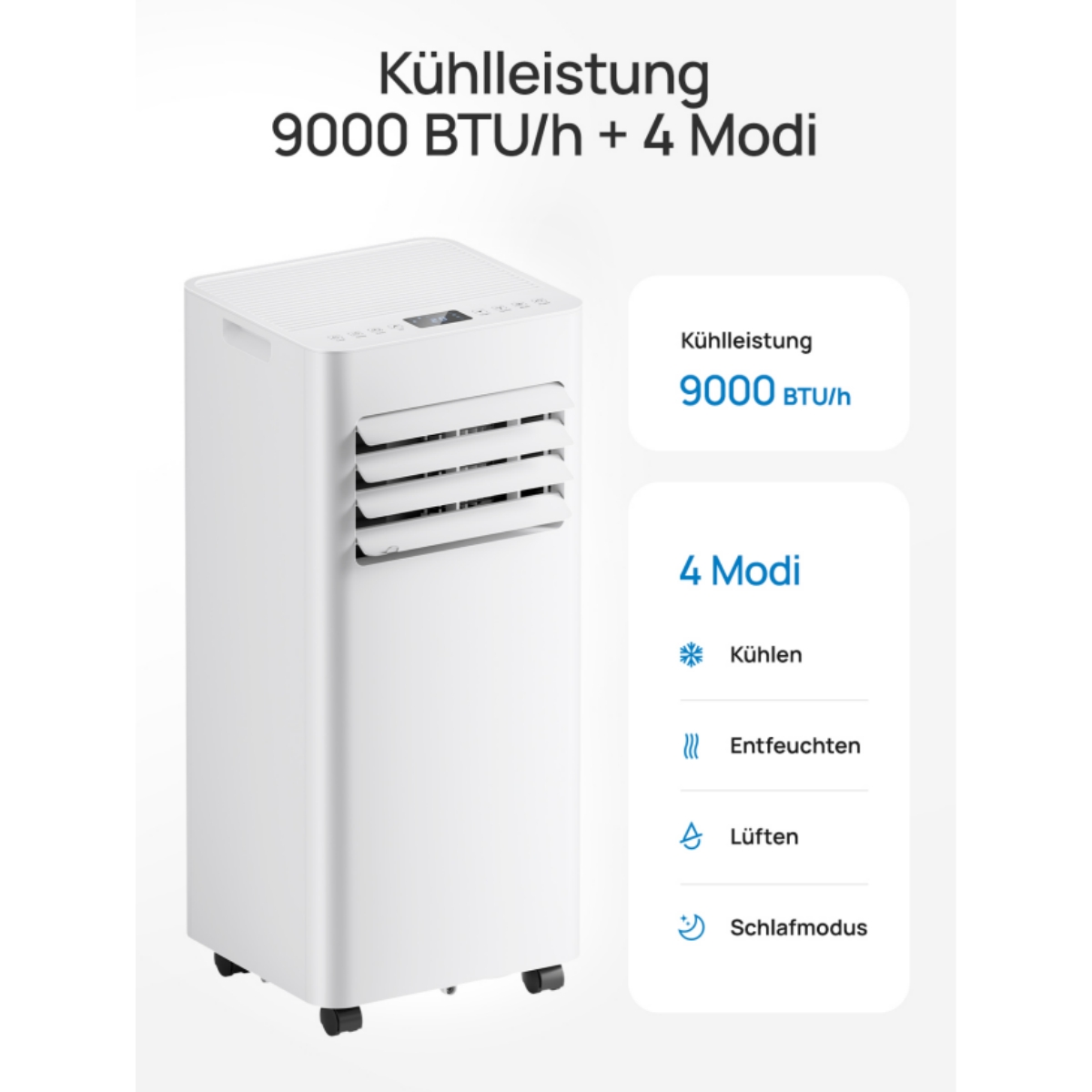 Weißer mobiler Klimaanlagenblock mit Lüftungsschlitzen und Bedienelementen.