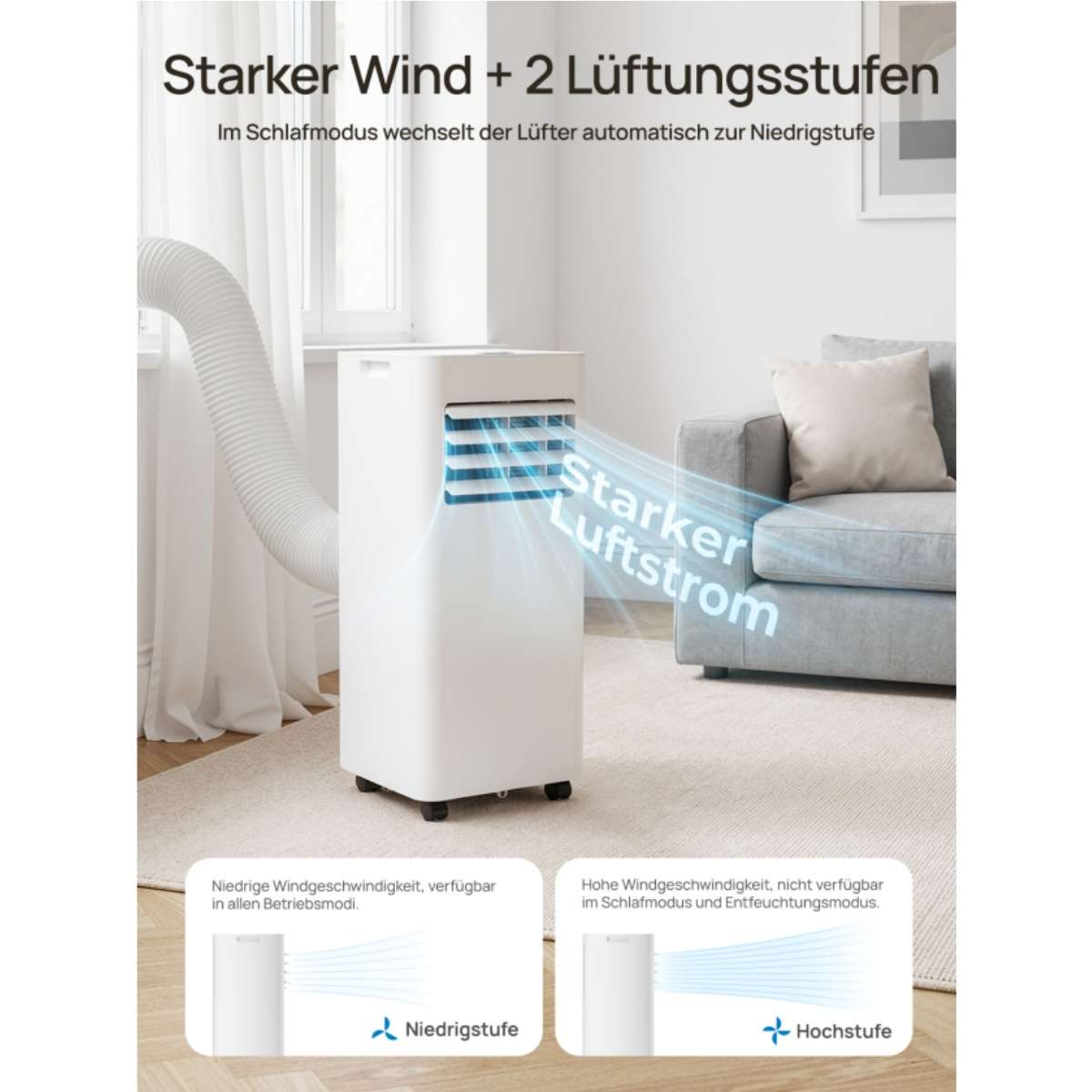 Ein weißer mobiler Klimaanlage mit Schlauch, starke Luftstromanzeige.