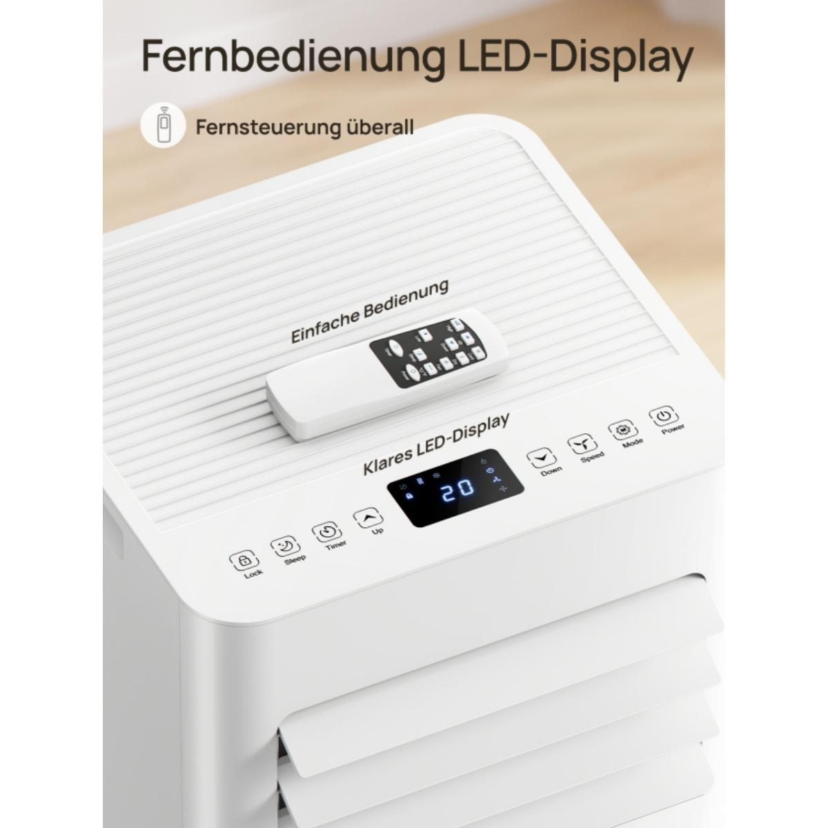 Ein weies Kõhlgerät mit Fernbedienung und LED-Display mit der Temperatur 20.