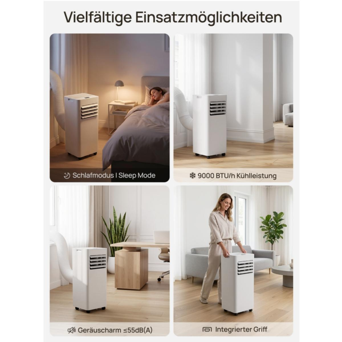 Vier Szenen zeigen einen weißen Klimaanlagen-Turm: im Schlafzimmer, im Wohnraum, im Büro und in Bewegung.