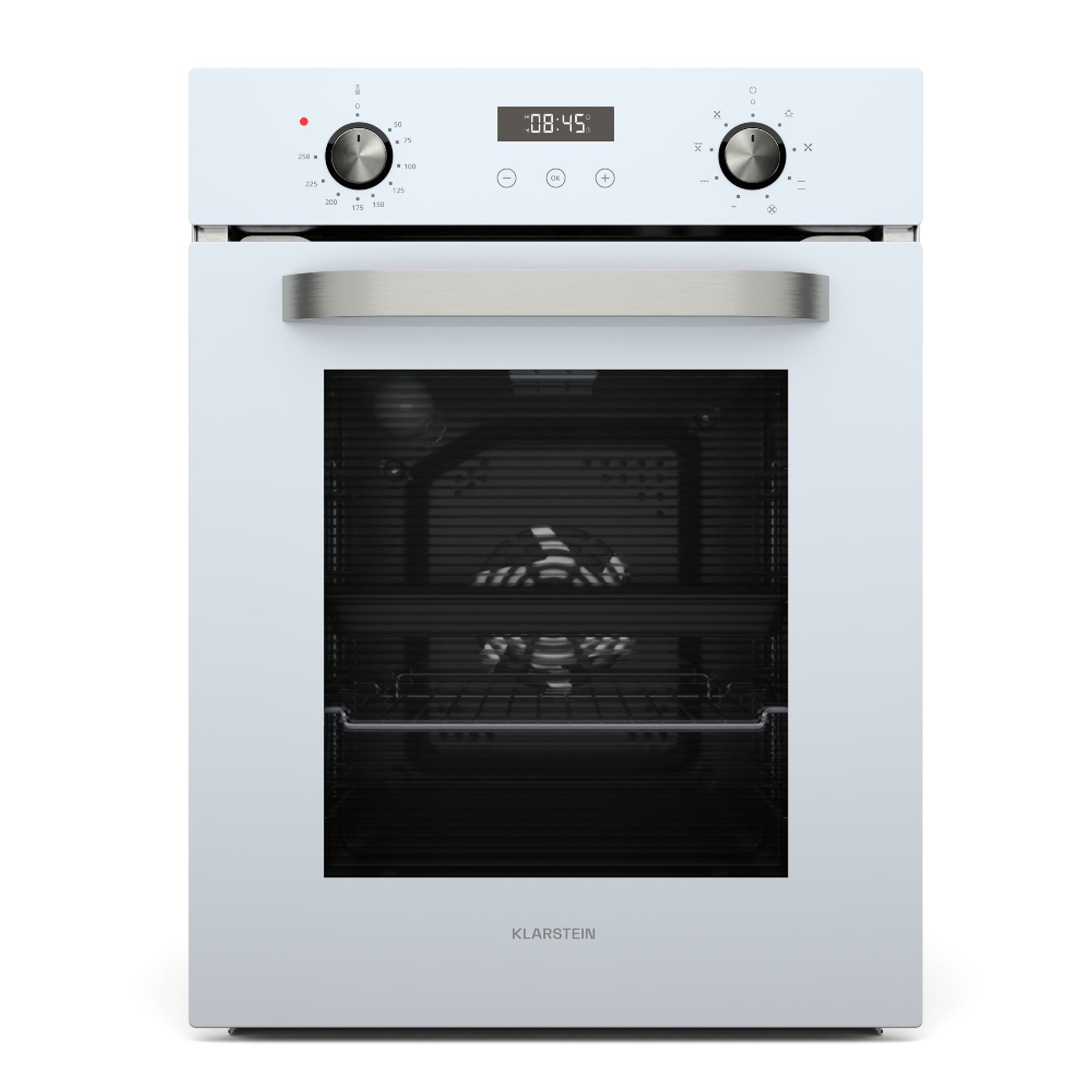 Un forno da incasso bianco con maniglia argentata e display digitale.