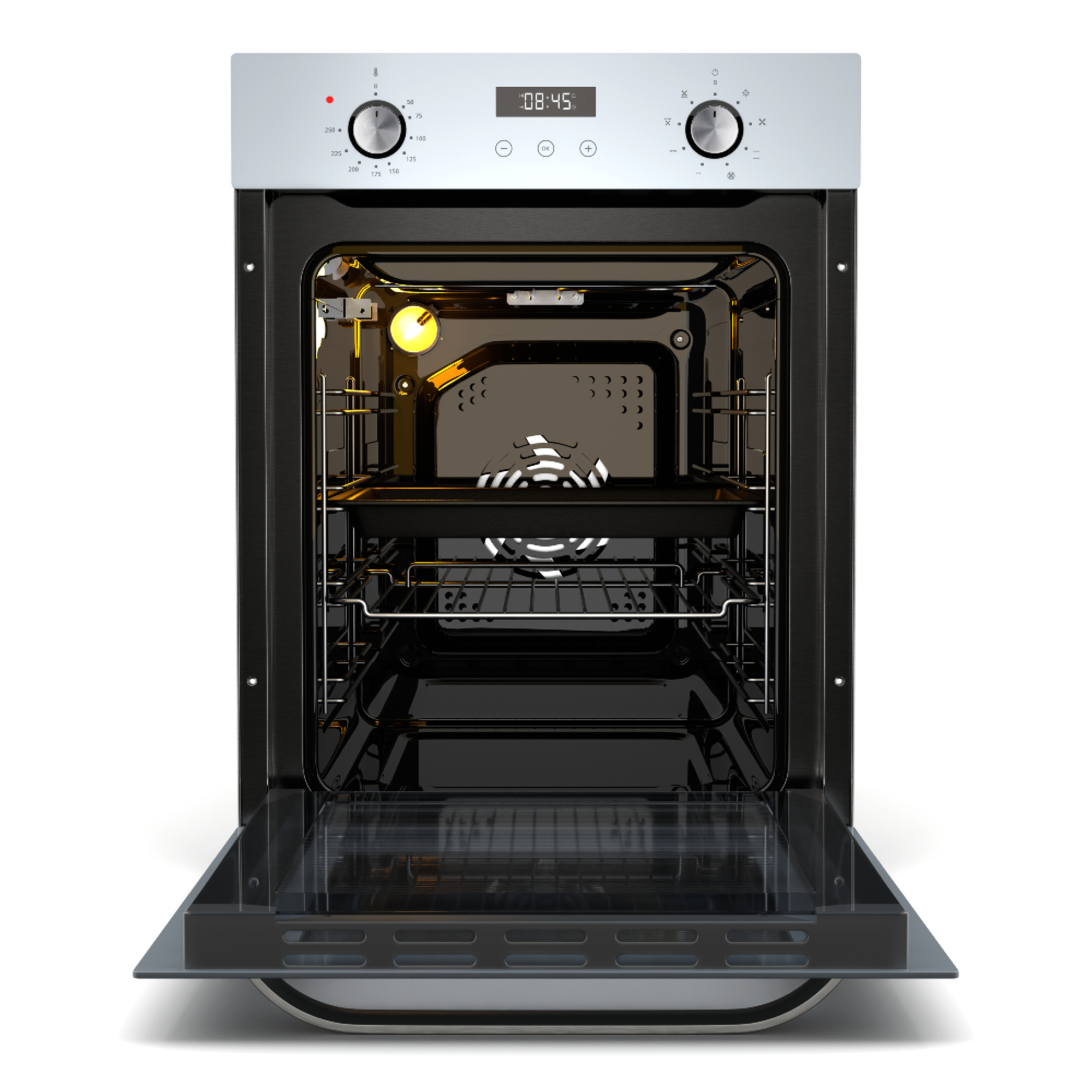 Forno da incasso aperto con interno illuminato, teglia e griglie.