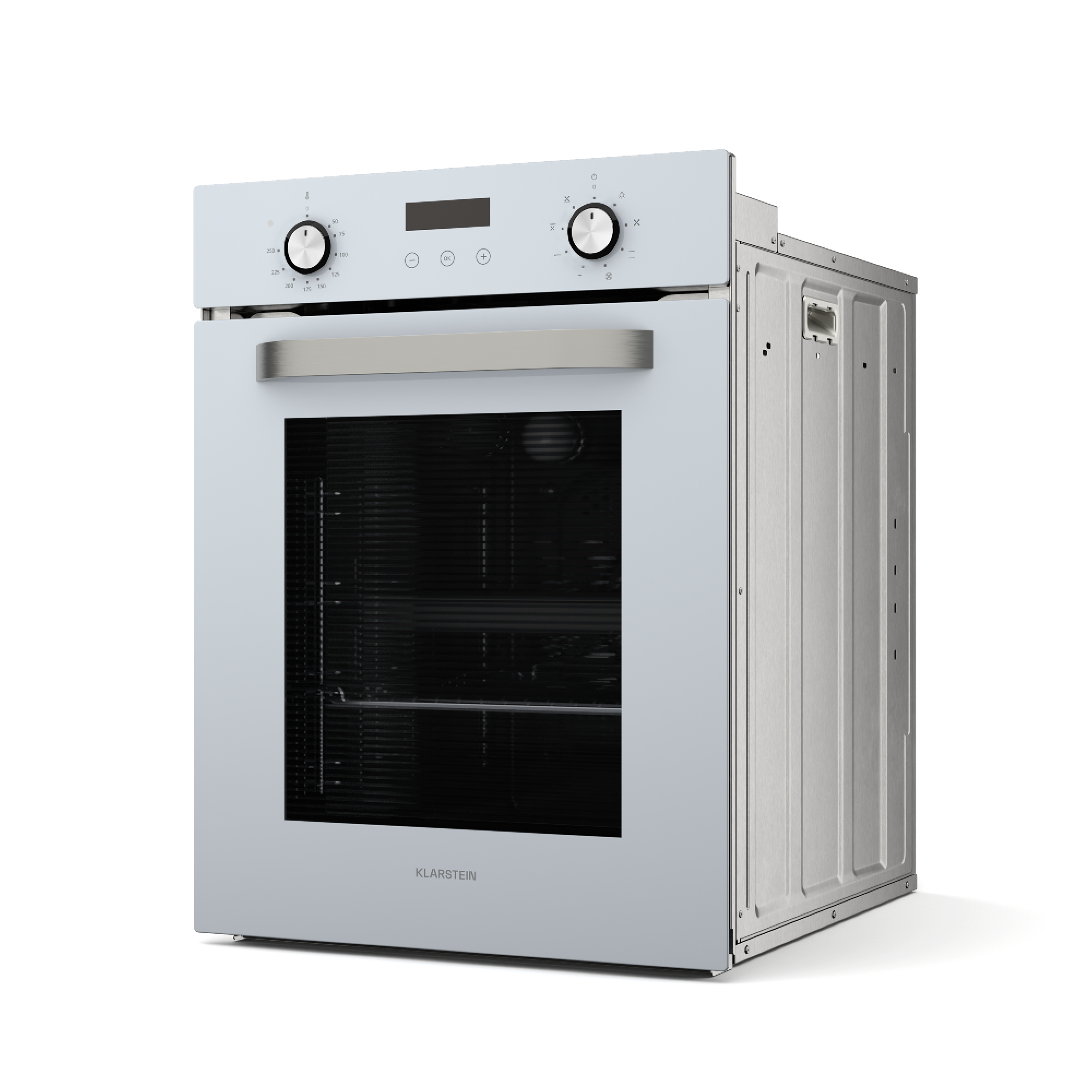 Un forno da incasso bianco con maniglia e pannello di controllo argentati.