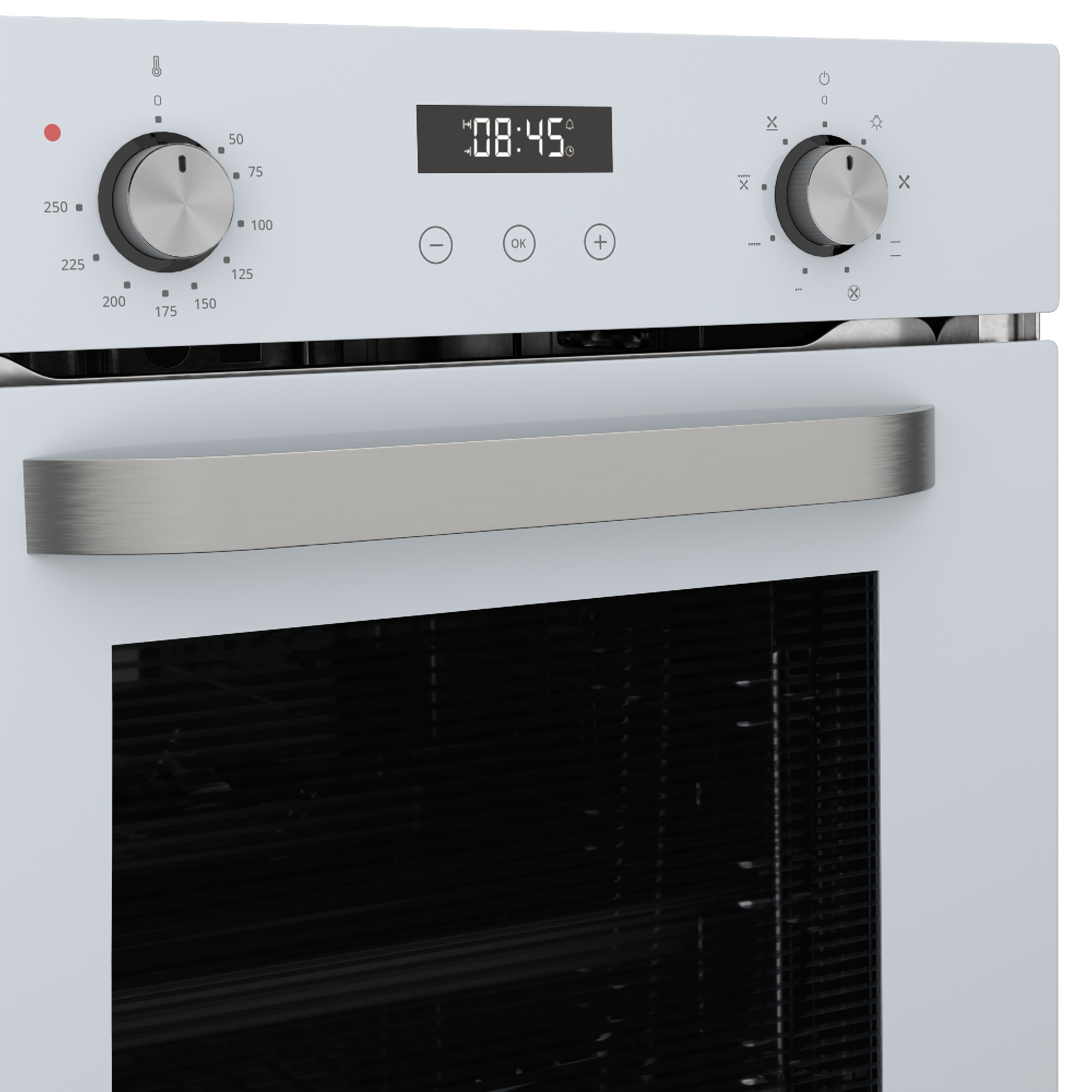 Un forno bianco con display digitale 08:45, manopole e maniglia.