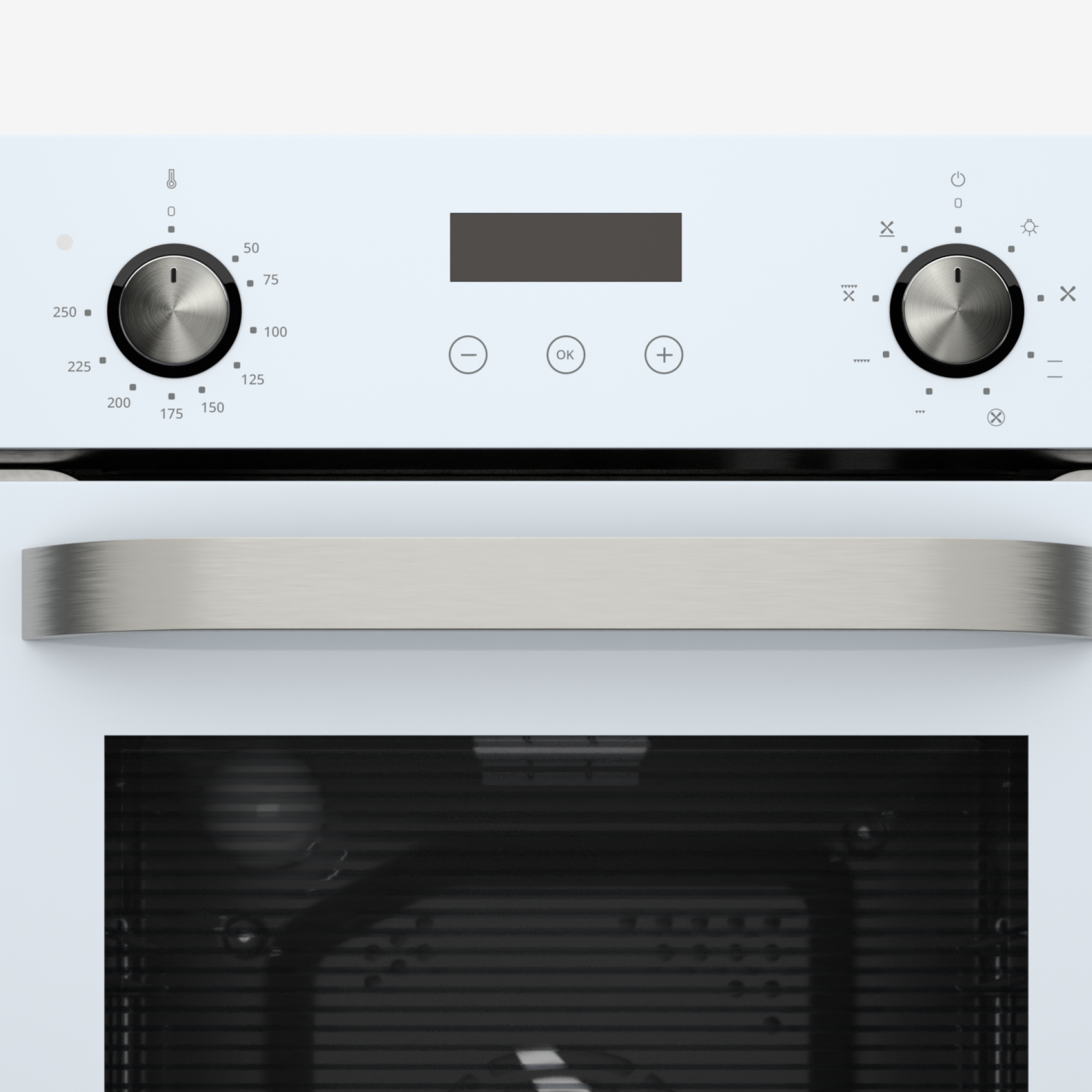 Un forno bianco con manopole, display e maniglia.