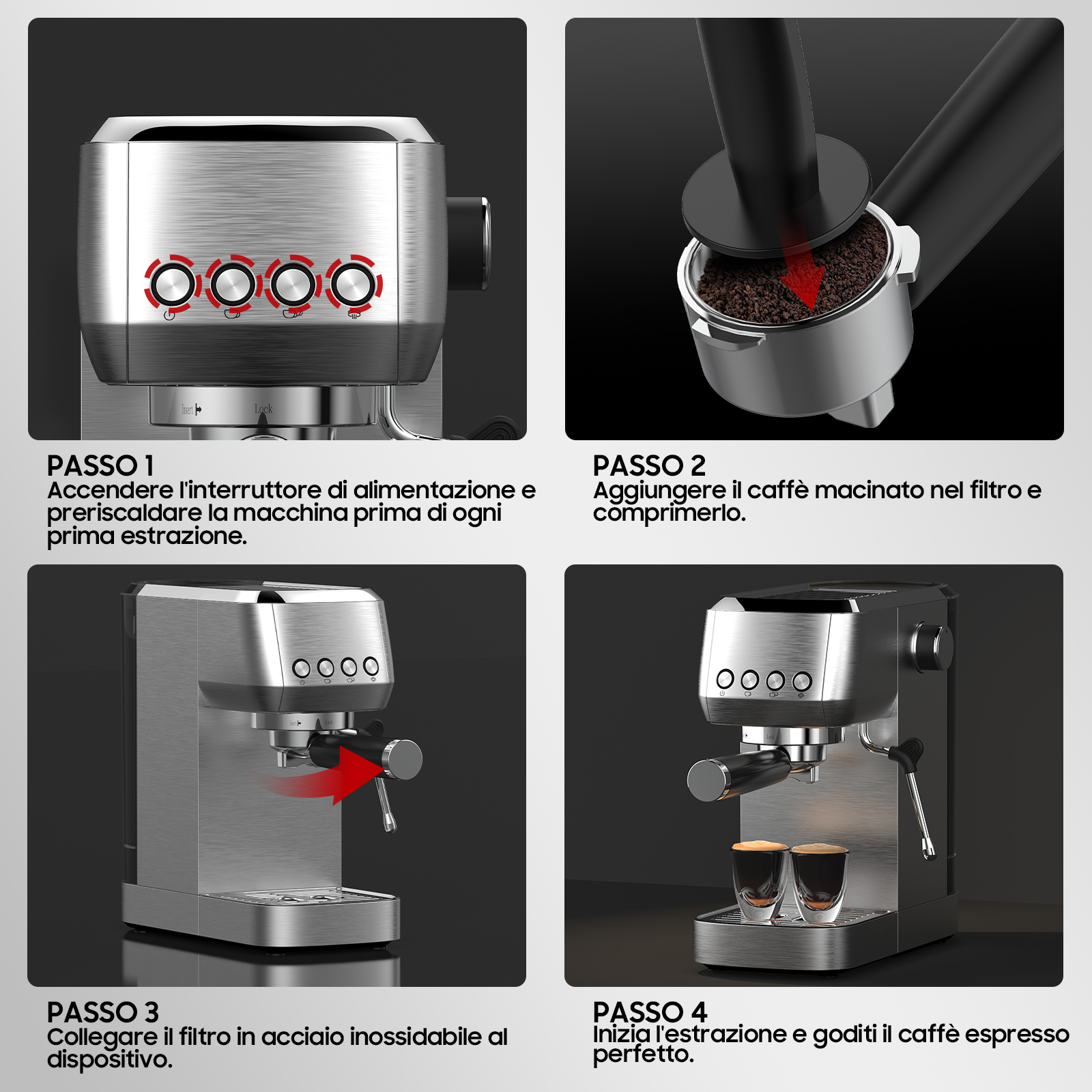 Macchina per espresso: Accendere, riempire caffè, inserire filtro, preparare espresso.