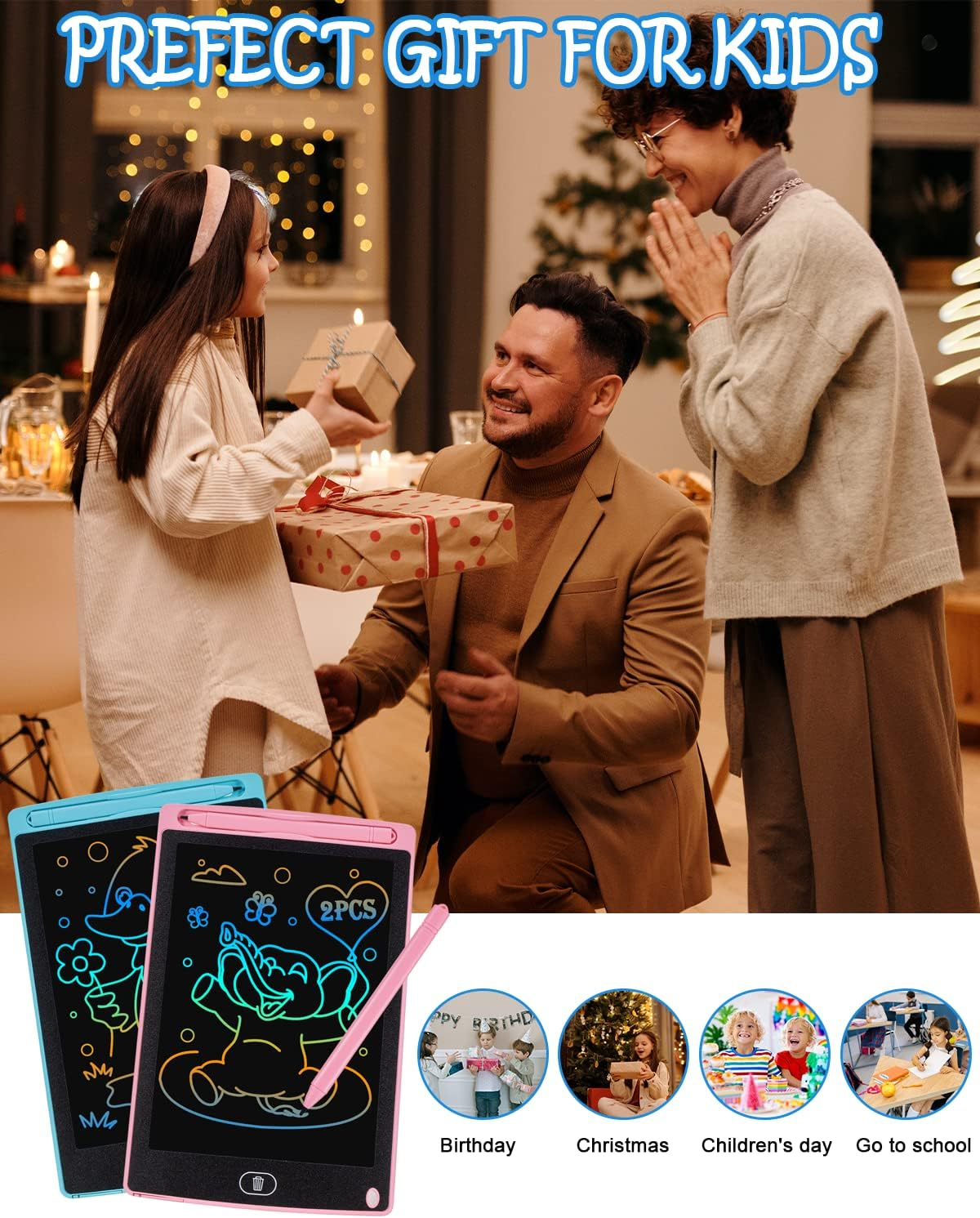 Familie tauscht Geschenke mit Zeichentabletts für Kinder und Event-Icons.