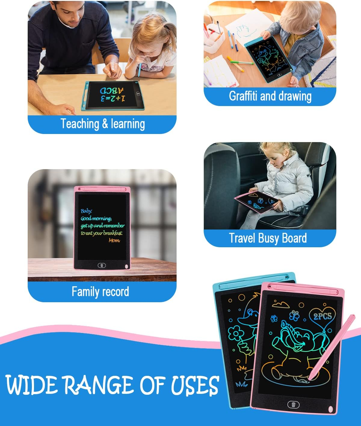 Vier Bilder zeigen die vielfältigen Einsatzmöglichkeiten eines LCD-Schreibtabletts für Kinder.