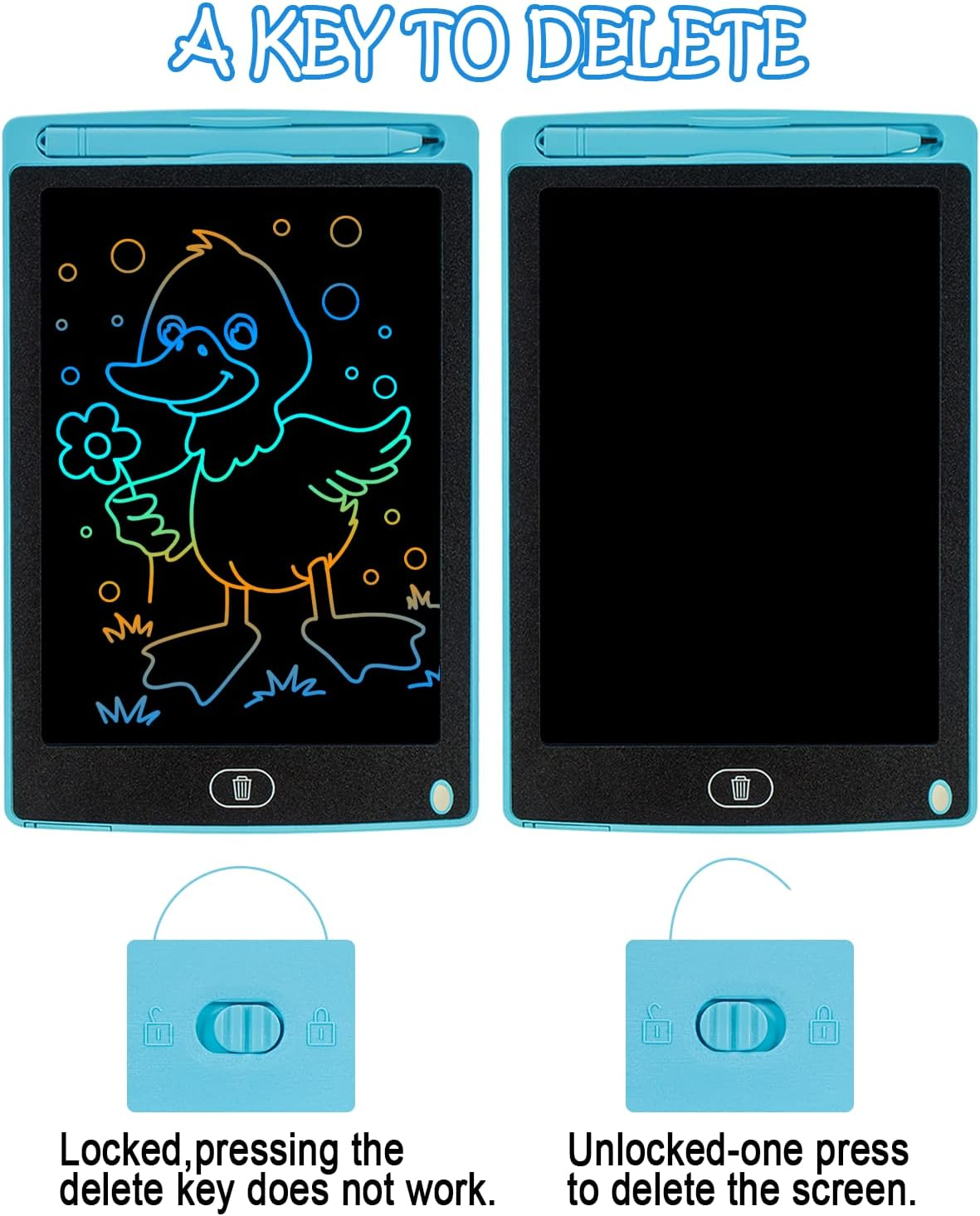Zwei blaue LCD-Schreibtafeln: eine mit einem bunten Bild einer Ente, die andere leer.