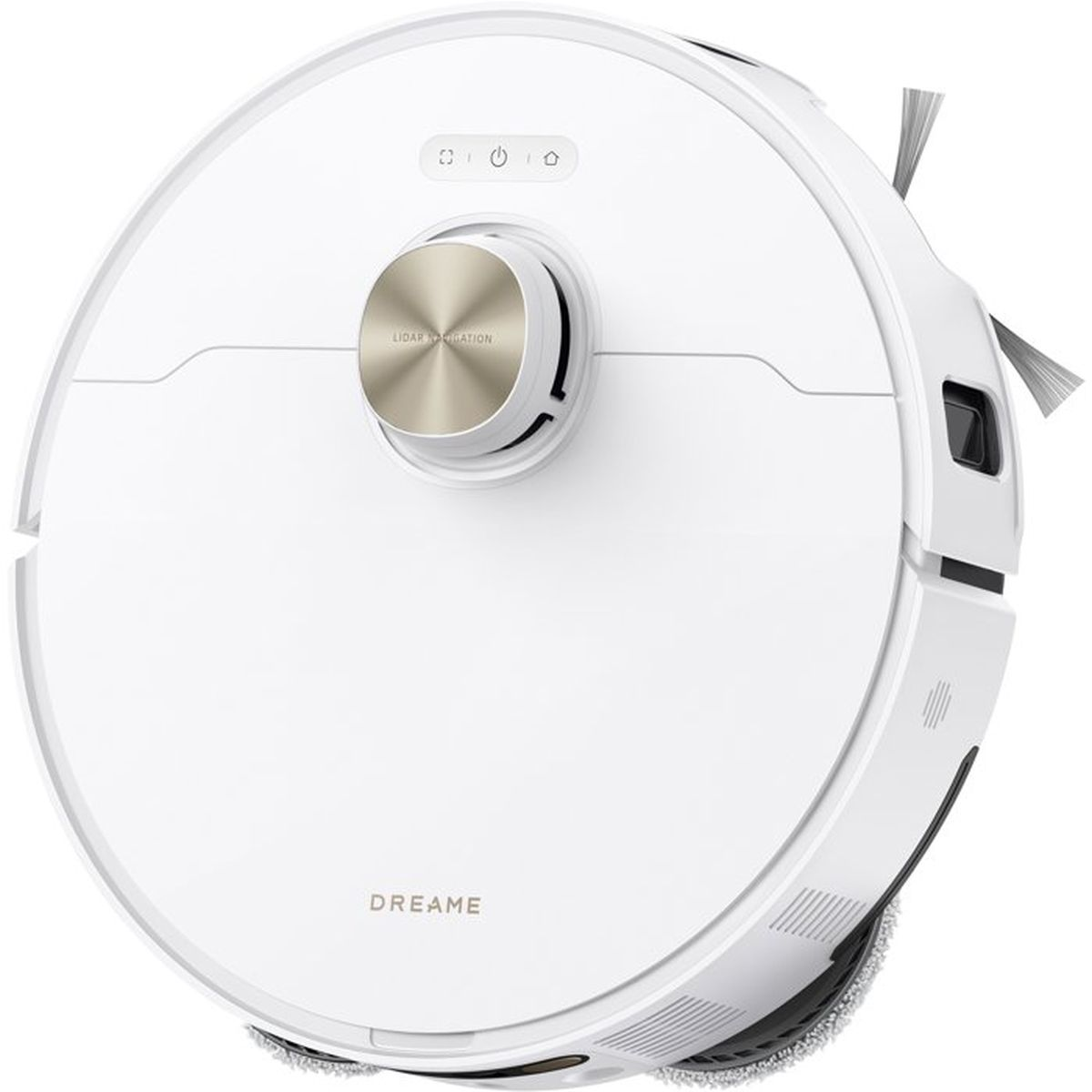 Un robot aspirador blanco con navegación LIDAR y cepillos. Diseño limpio.