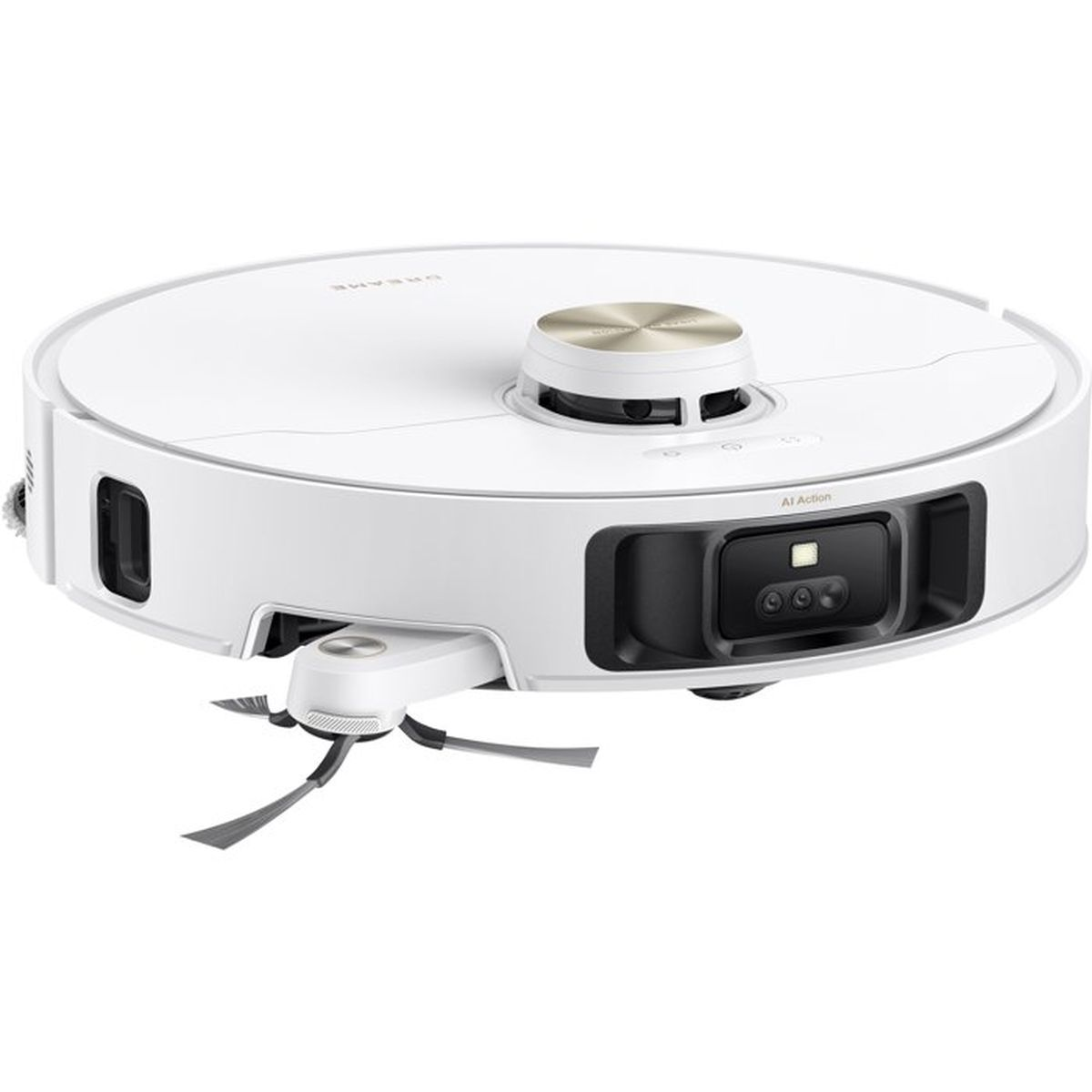 Un robot aspirador blanco con cepillos giratorios y sensores.