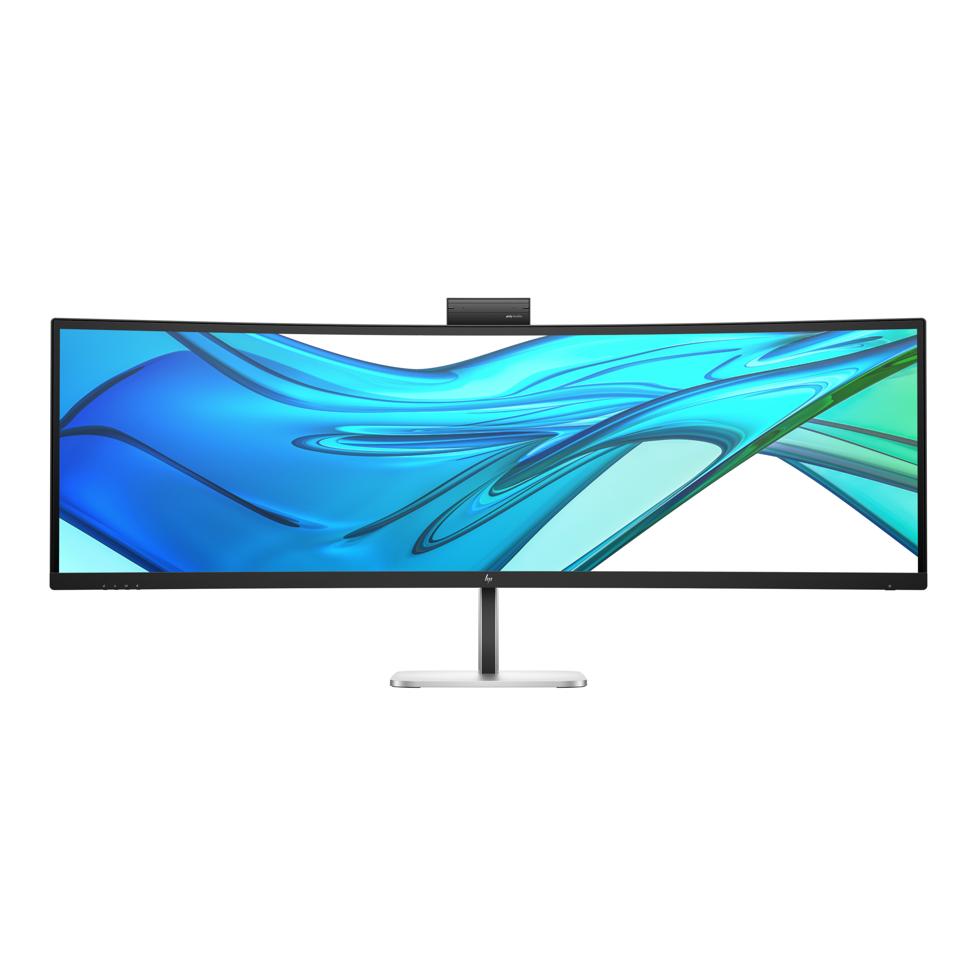Un monitor curvo con dispositivo Poly Studio in alto e sfondo blu-verde.