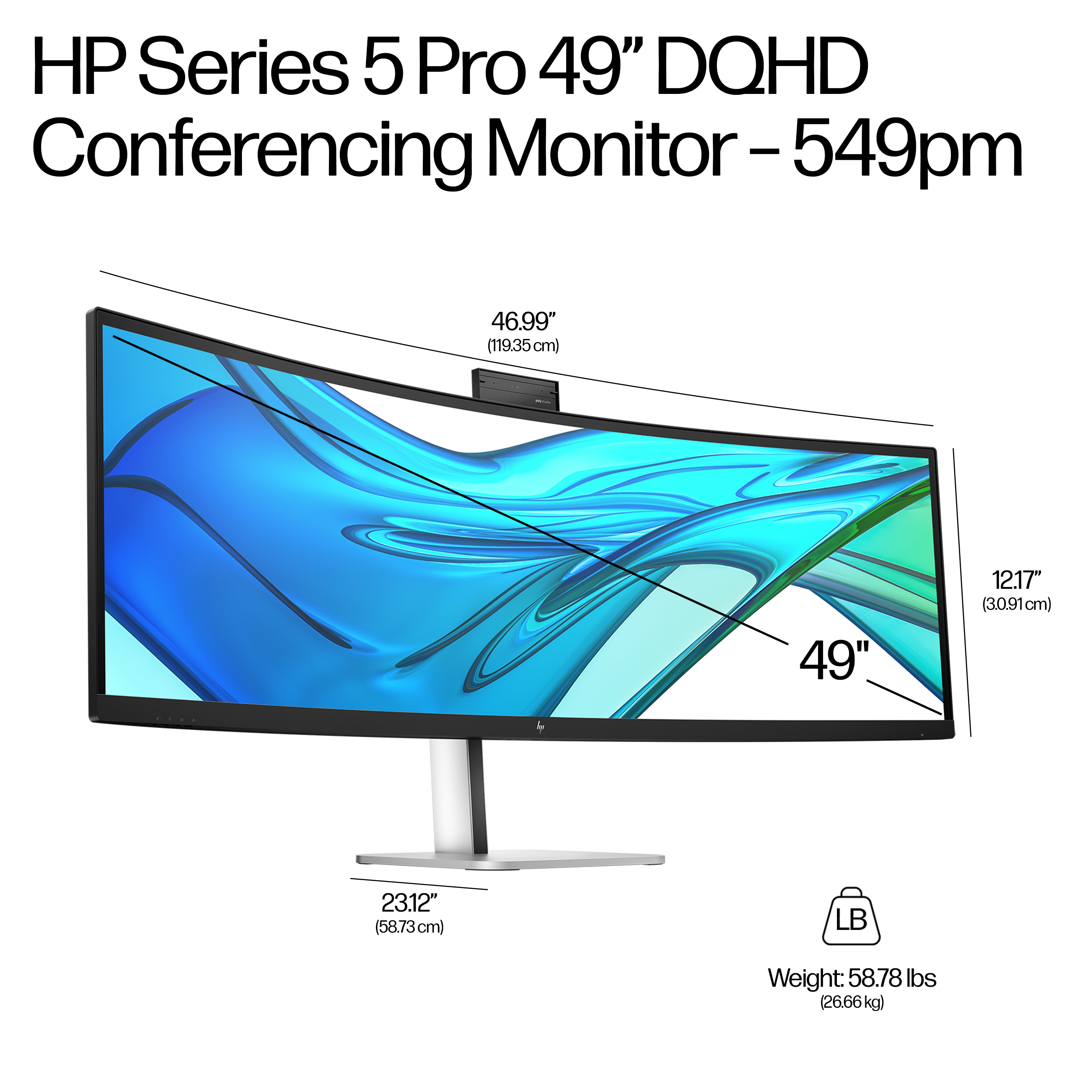Un monitor HP da 49 pollici con fotocamera, con dimensioni e peso dettagliati.