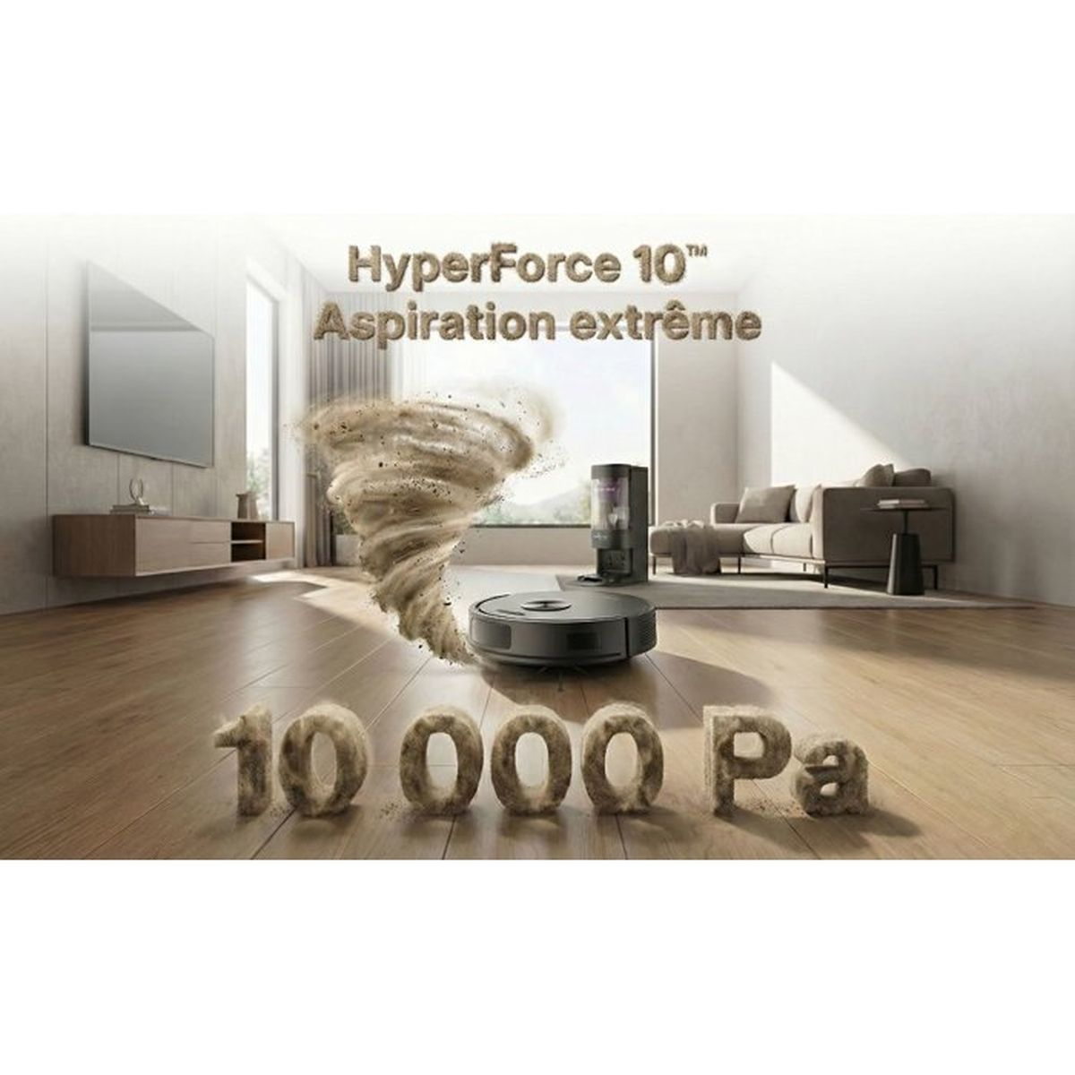 Un robot aspirapolvere aspira la polvere formando un tornado. 10.000 Pa.