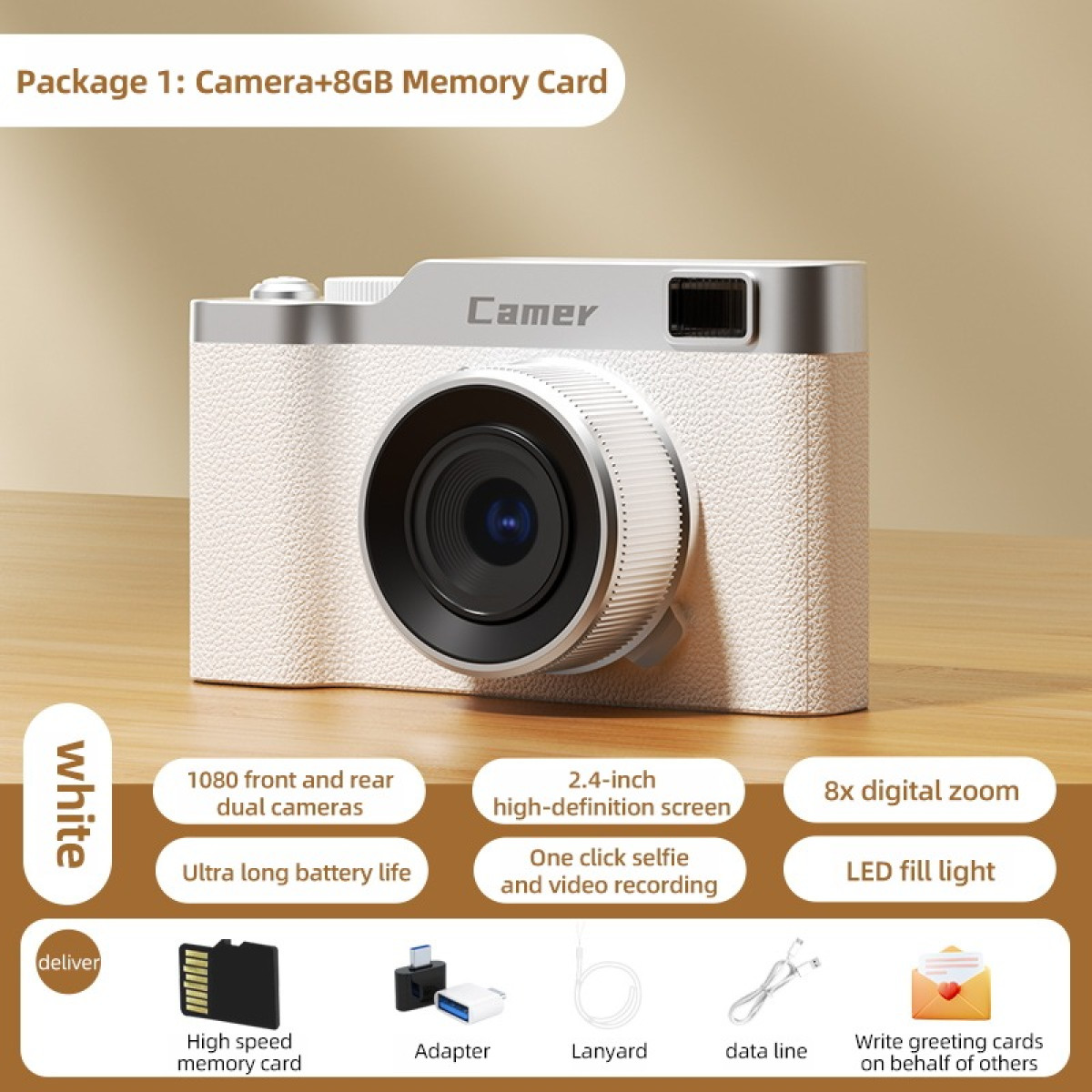 Una fotocamera digitale bianca con logo 'Camer', scheda 8GB, adattatore, cordino, cavo.