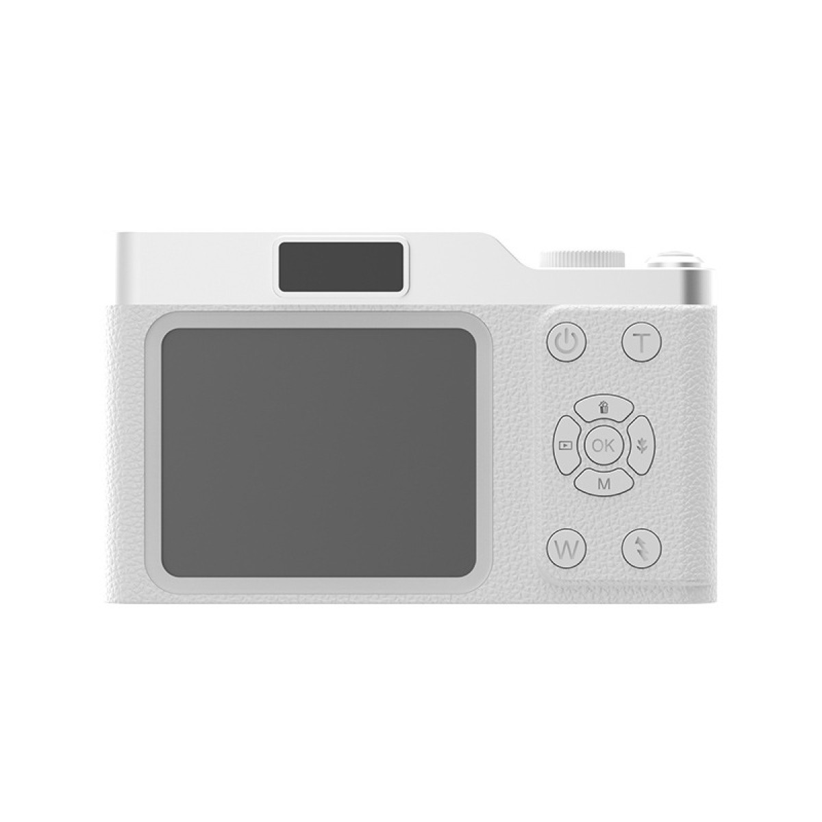 Fotocamera digitale bianca con schermo e controlli sul retro.