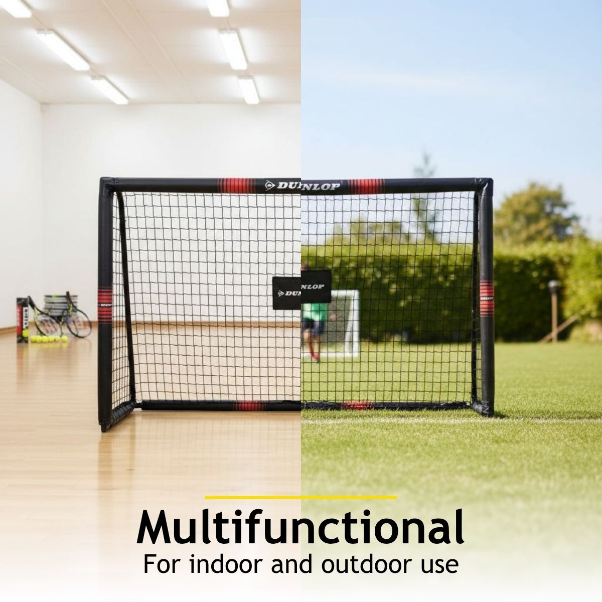 A soccer goal is shown indoors and outdoors. Indoors, bikes and balls are visible.