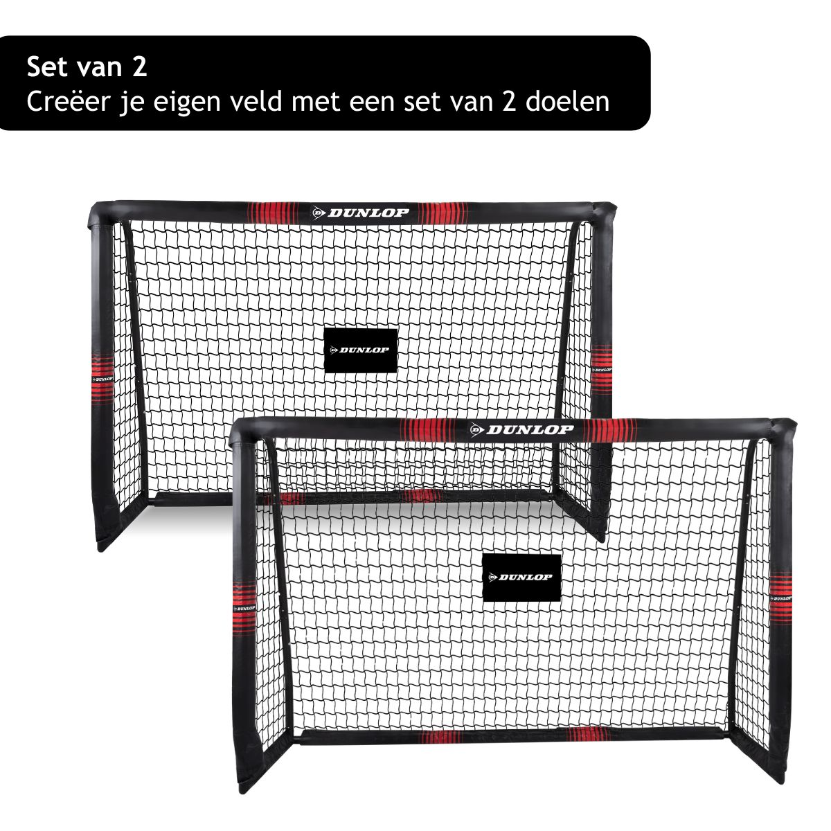 Two black Dunlop soccer goals with red stripes and nets.