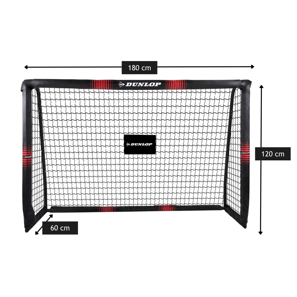 A black soccer goal with net, 180 cm wide and 120 cm high.