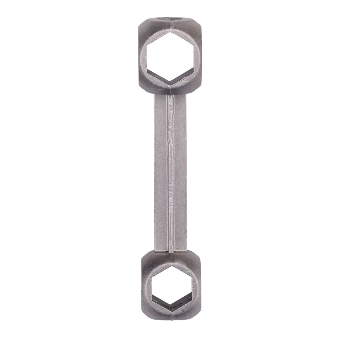 Een metalen gereedschap met aan elk uiteinde twee zeshoekige openingen.