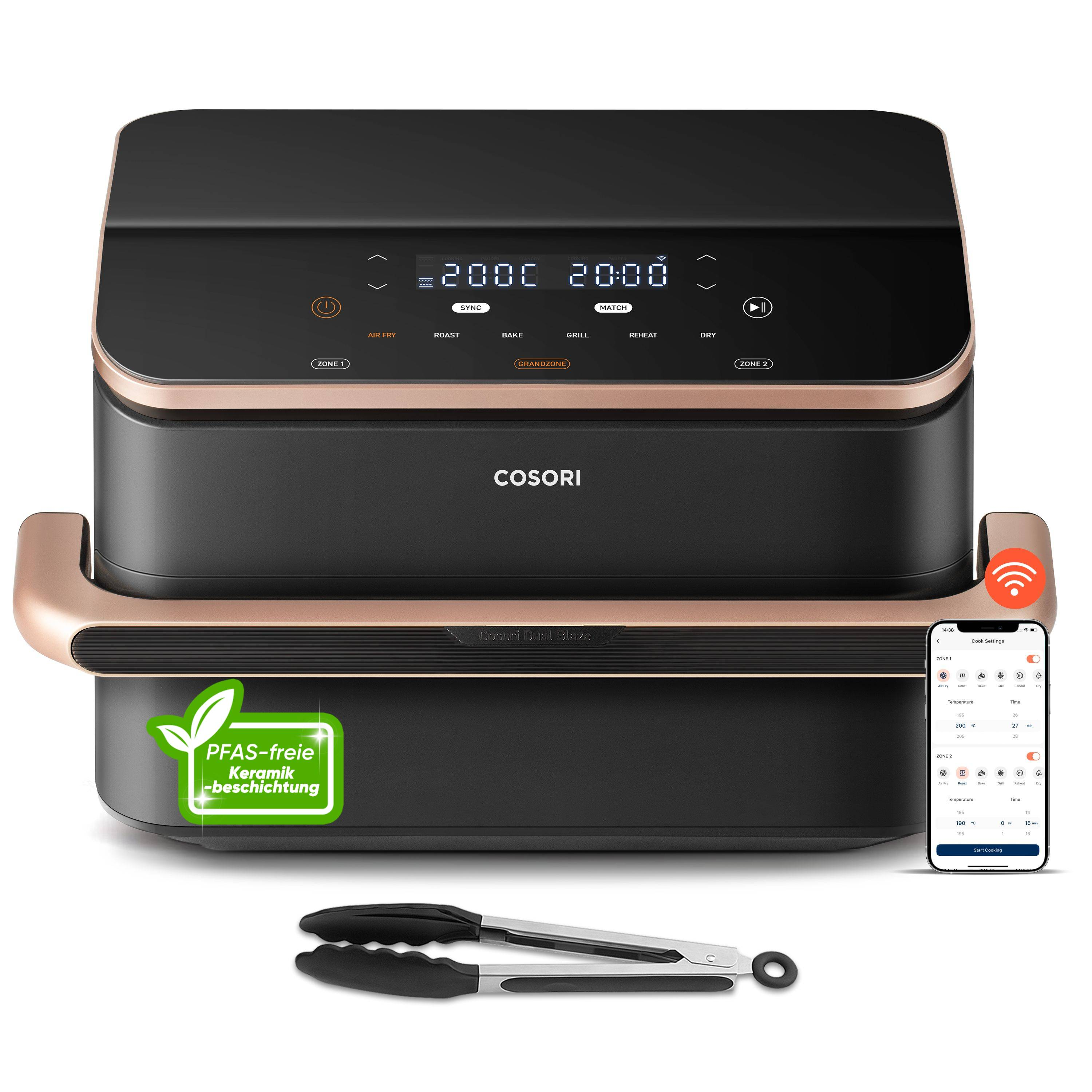 Una friggitrice ad aria Cosori Dual Blaze con touchscreen e accessori.