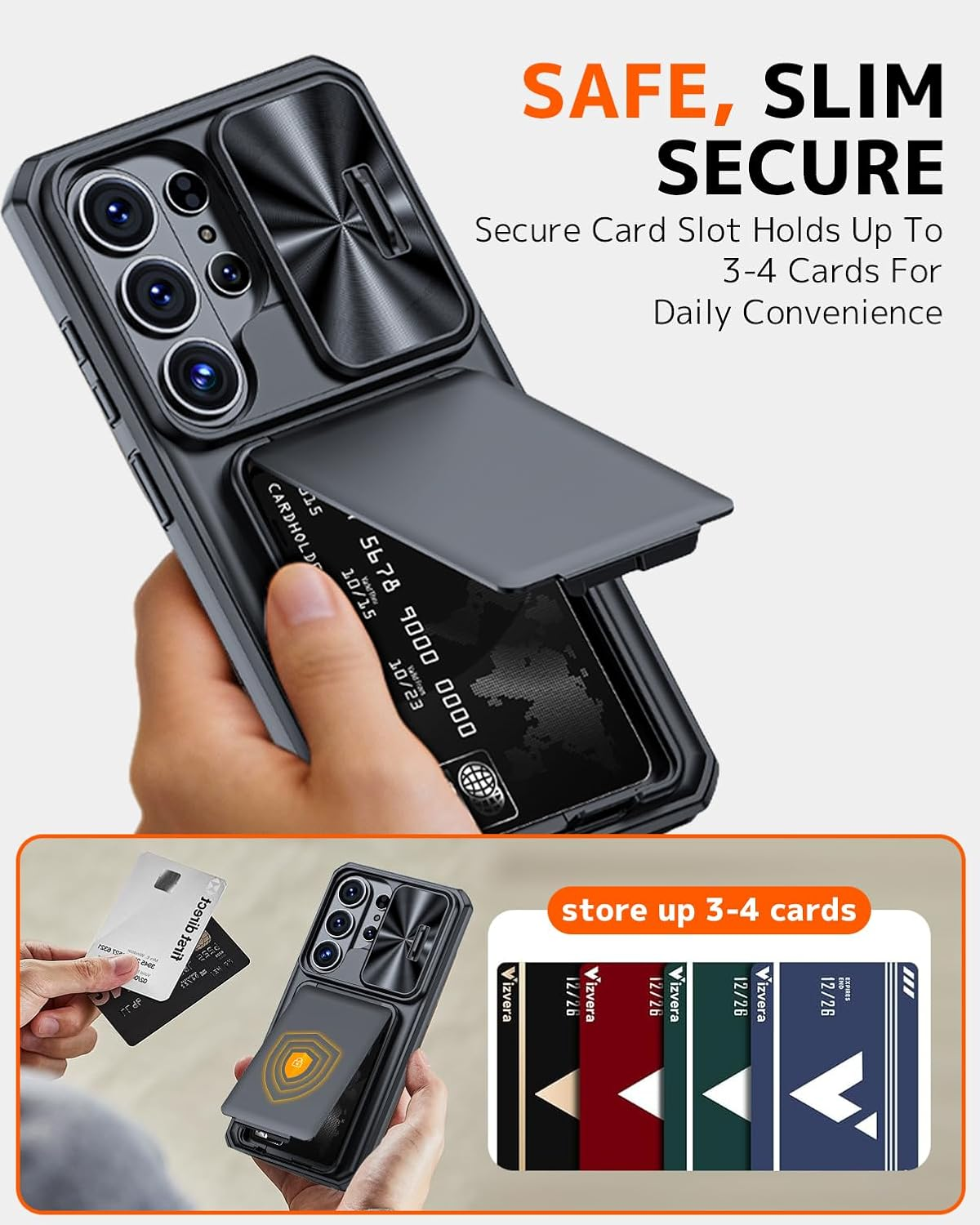Schwarze Handyhülle mit Kartenschlitz, der Karten hält. Text: SAFE, SLIM SECURE.