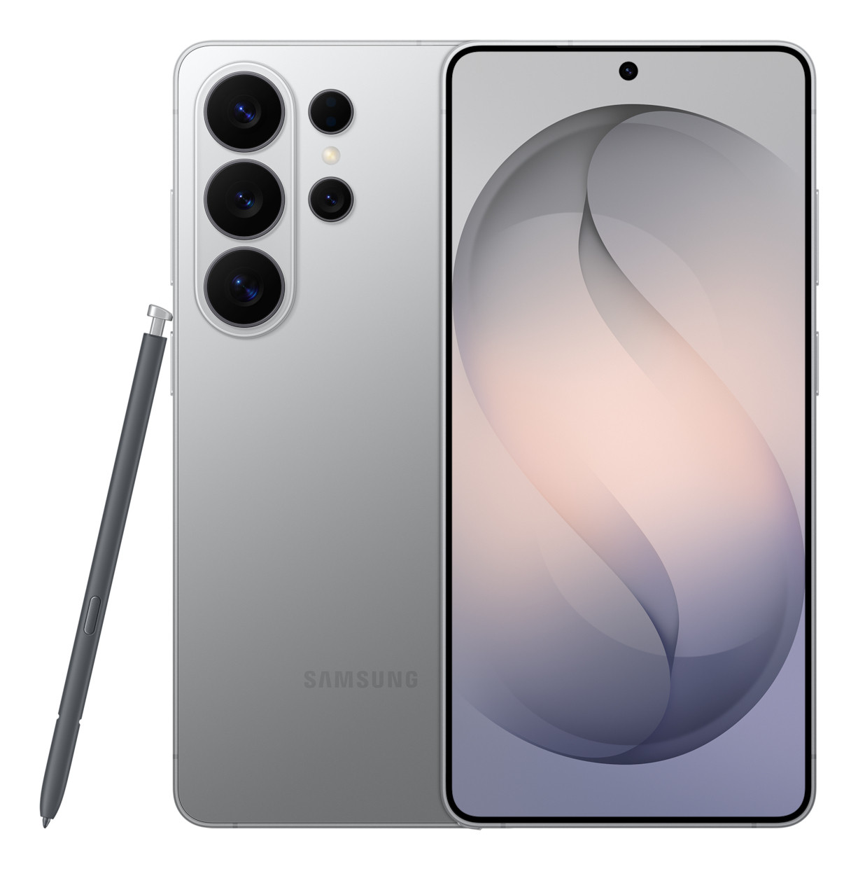 Smartphone Samsung argentato con stilo e array di fotocamere posteriori.