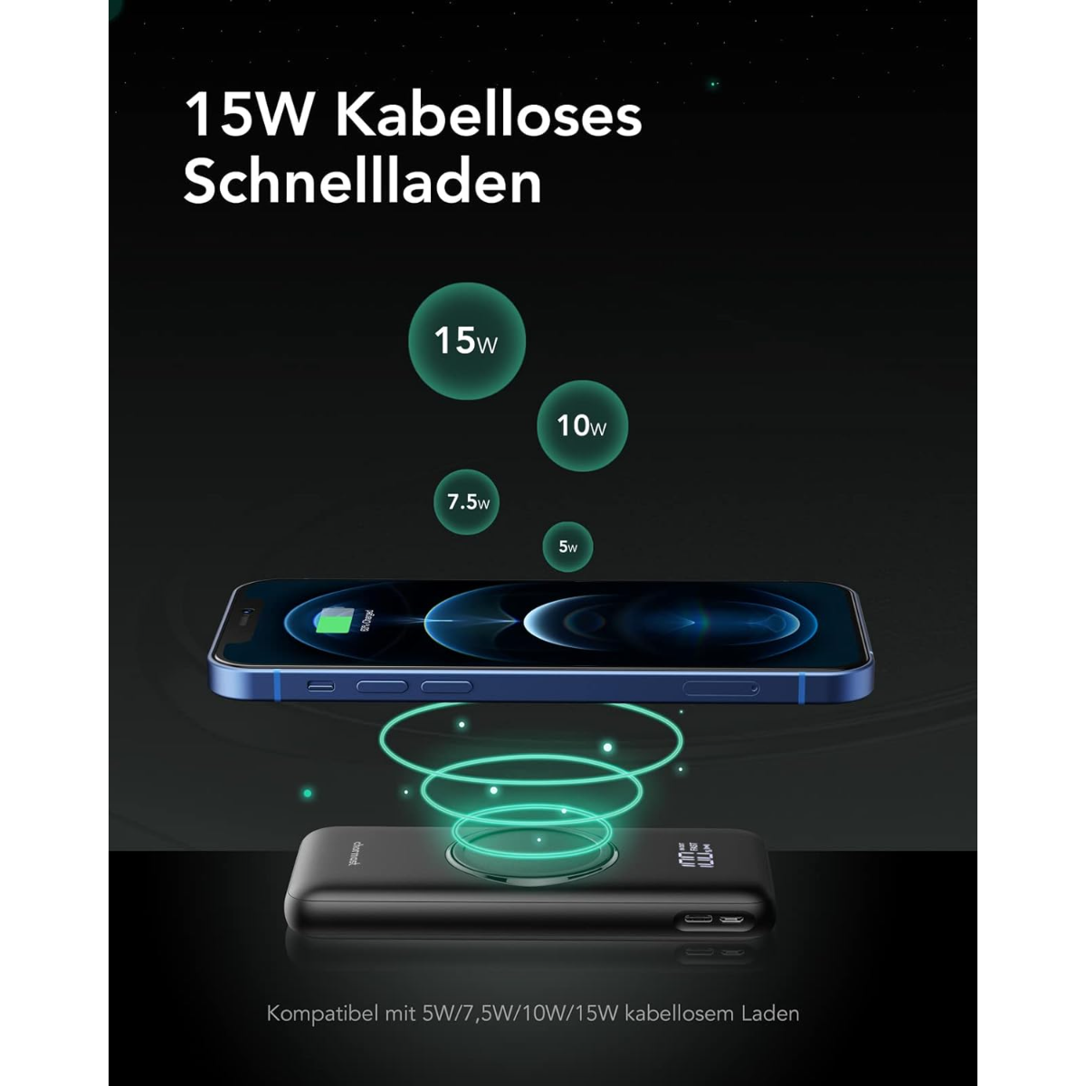 Schwarzes Ladegerät lädt blaues Smartphone mit 15W kabellosem Laden.
