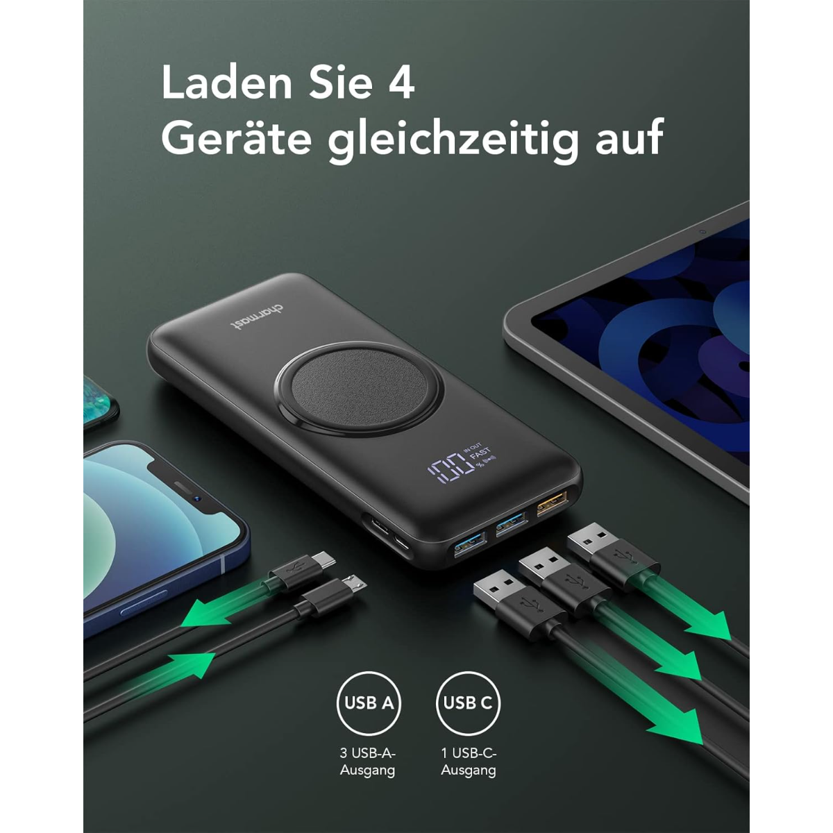 Schwarzes Ladegerät mit drei USB-A- und einem USB-C-Anschluss, lädt vier Geräte.