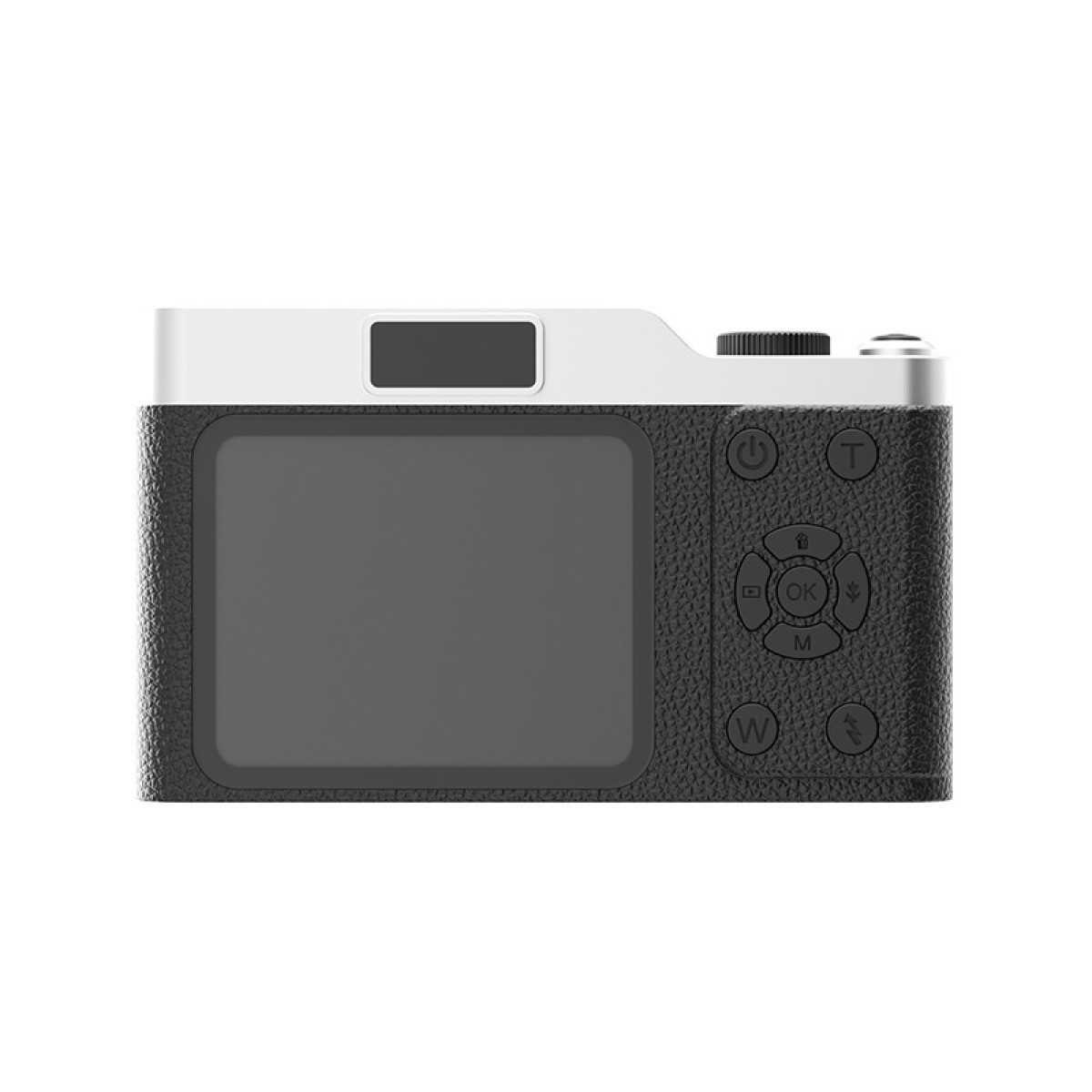 Retro di una fotocamera digitale nera con parte superiore argentata e schermo LCD.