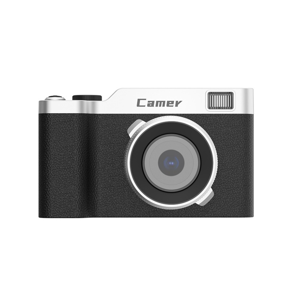 Una fotocamera nera con accenti argentati e un obiettivo.