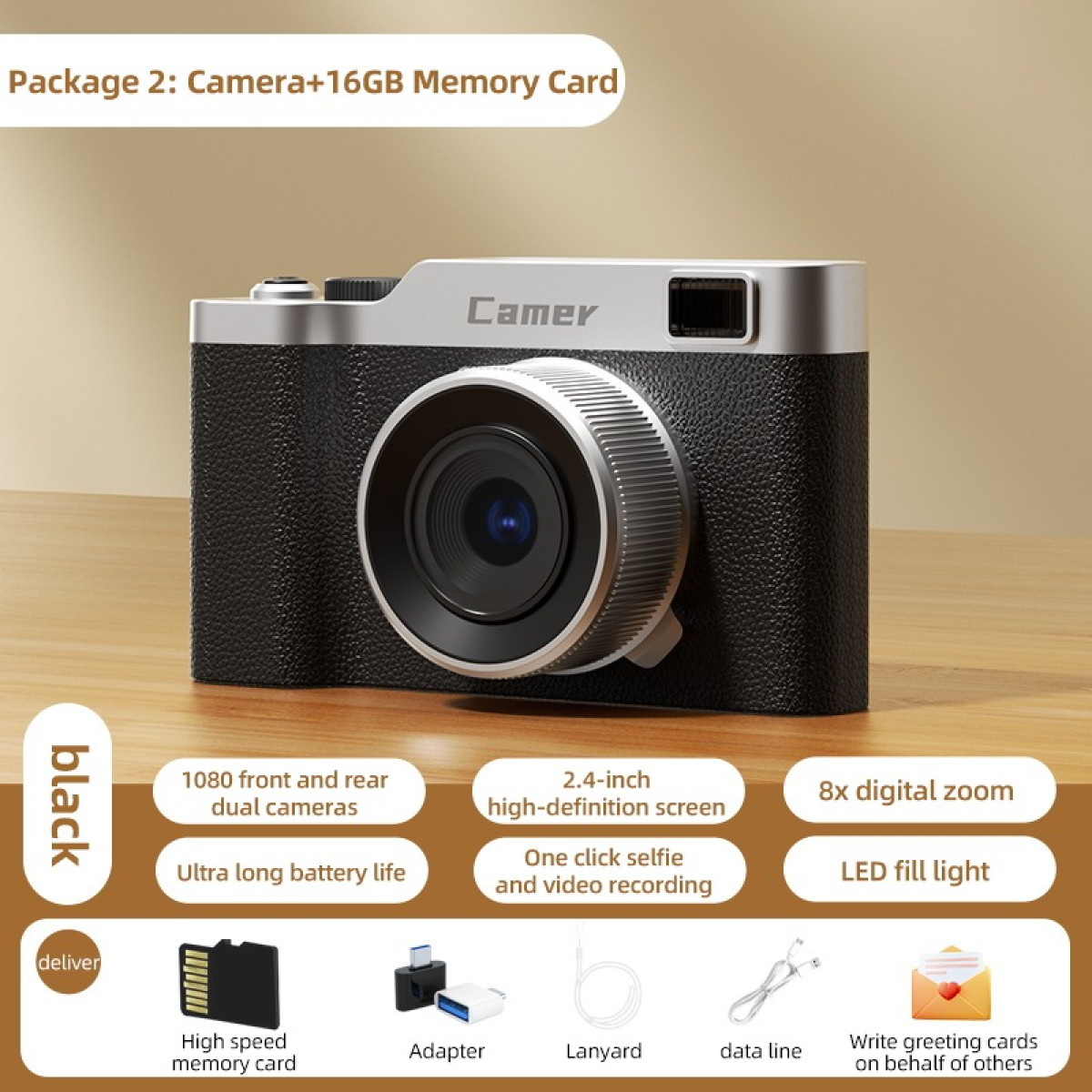 Fotocamera digitale nera con obiettivo, schermo e accessori. La confezione include scheda di memoria, adattatore, cordino, cavo dati.