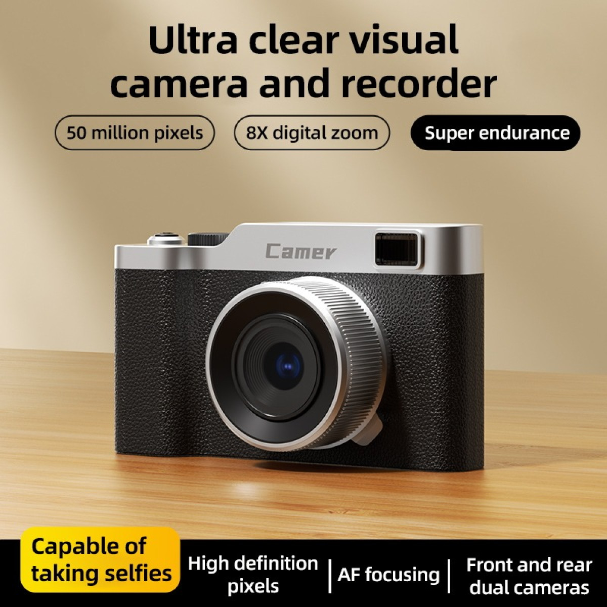 Fotocamera nera e argento con scritta 'Camer' in alto. 50MP, zoom 8x.