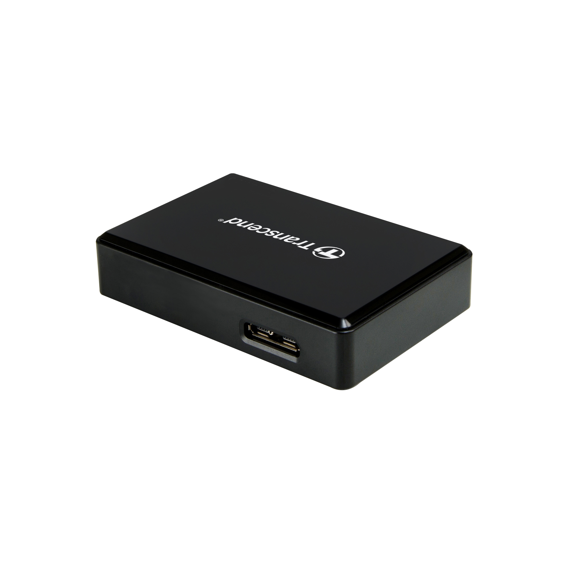 Un dispositivo Transcend nero con porta USB.