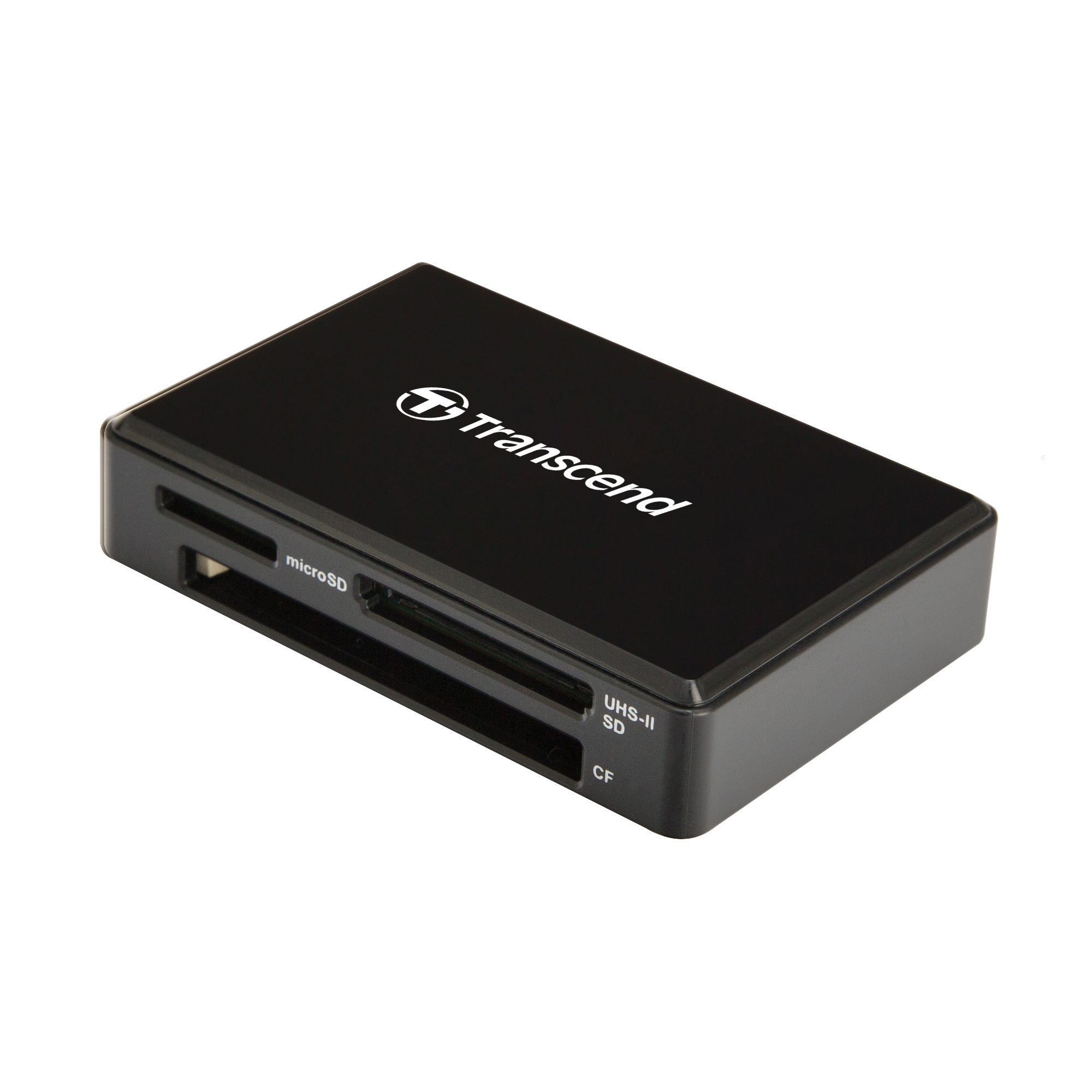 Lettore di schede Transcend nero con slot per schede microSD, SD e CF.