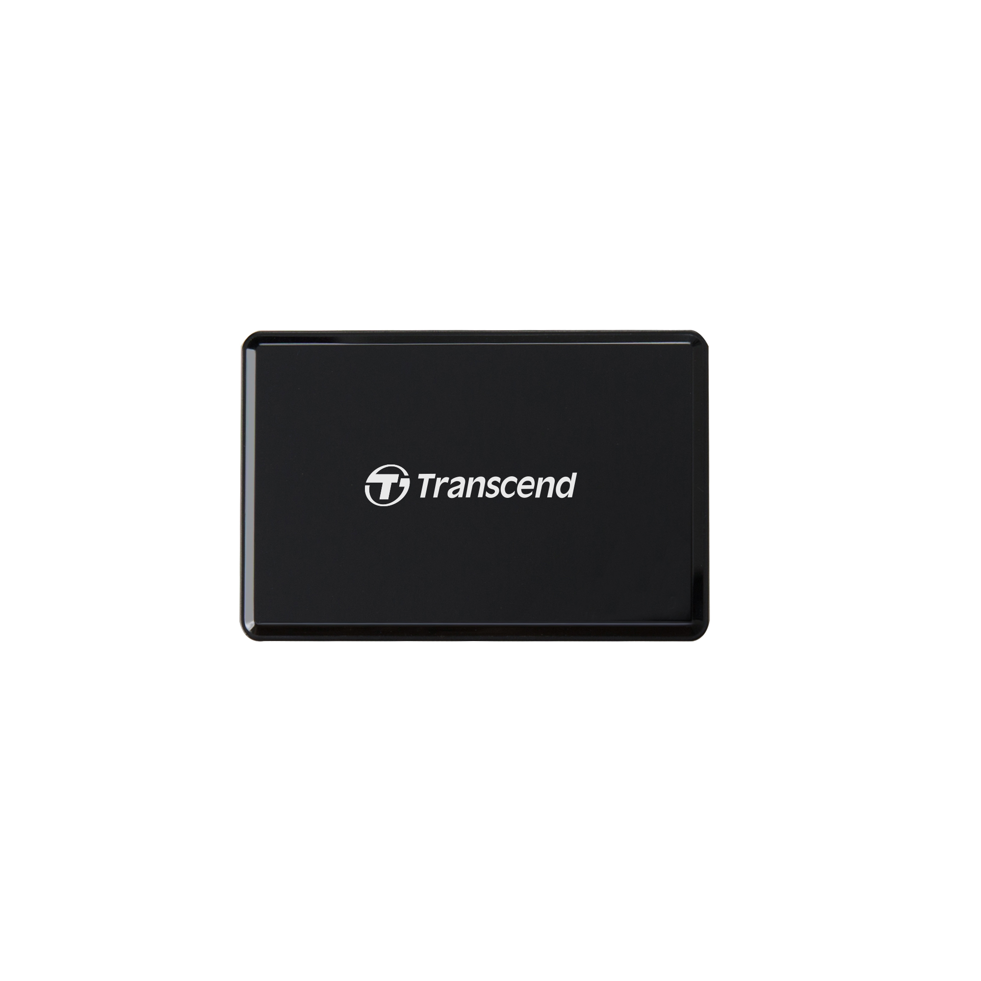 Unità Transcend nera con logo bianco su sfondo bianco.
