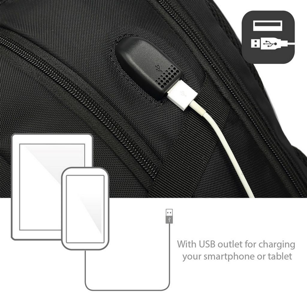 Borsa nera con porta USB per caricare smartphone e tablet.