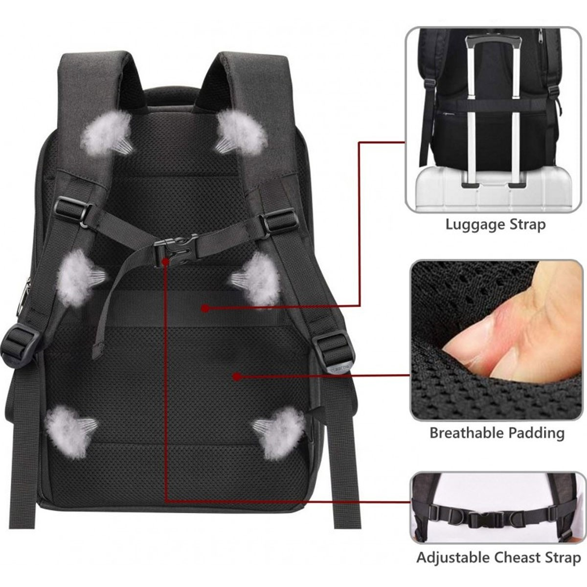 Zaino nero con imbottitura traspirante, cinghia per bagagli e cinghia pettorale regolabile.