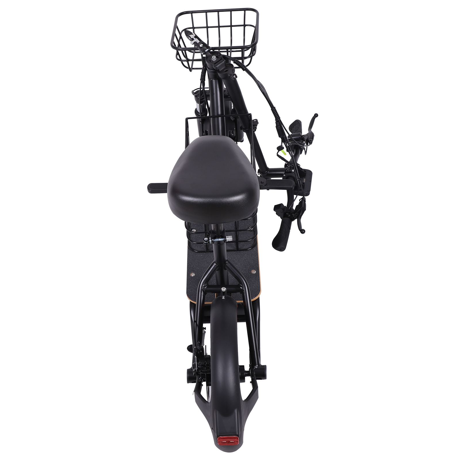 Schwarz elektrisches Fahrrad mit Korb vorne und Sitz.