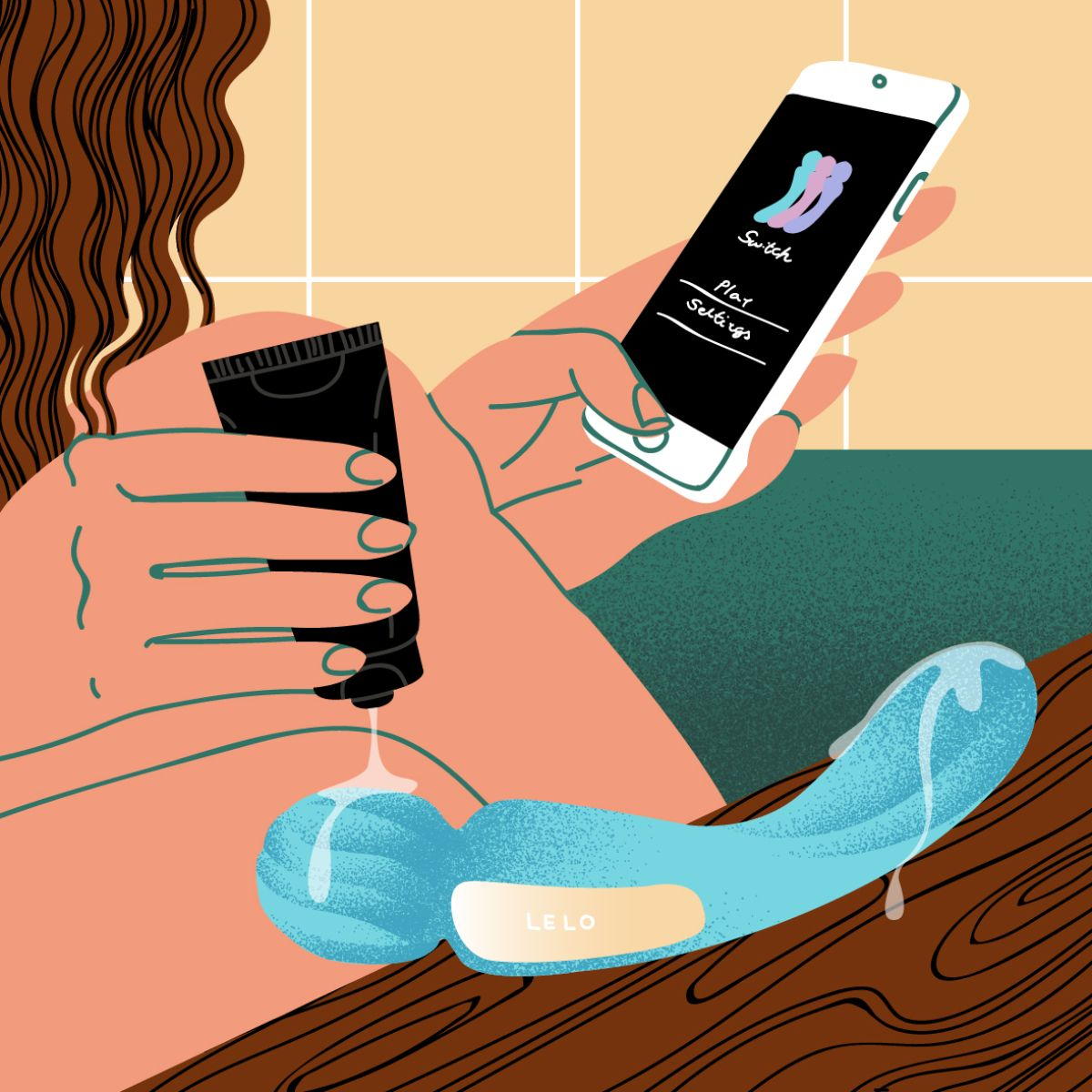 Una persona sostiene un tubo negro y un smartphone, con un juguete sexual azul al lado.