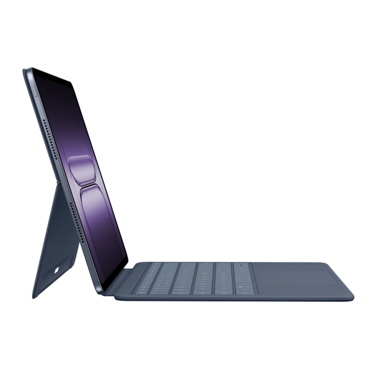 Arkadan aydınlatmalı beyaz arka plan üzerinde klavyeli ve stantlı mavi tablet.