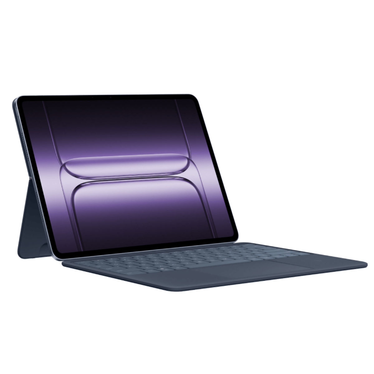 Mor soyut duvar kağıtlı, klavyeli kılıfı olan koyu mavi bir tablet.