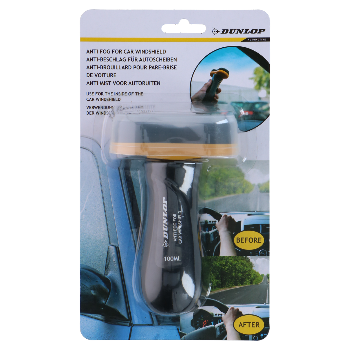 Dunlop Anti-Fog voor autoruiten: fles met applicator en voor/na-afbeeldingen.