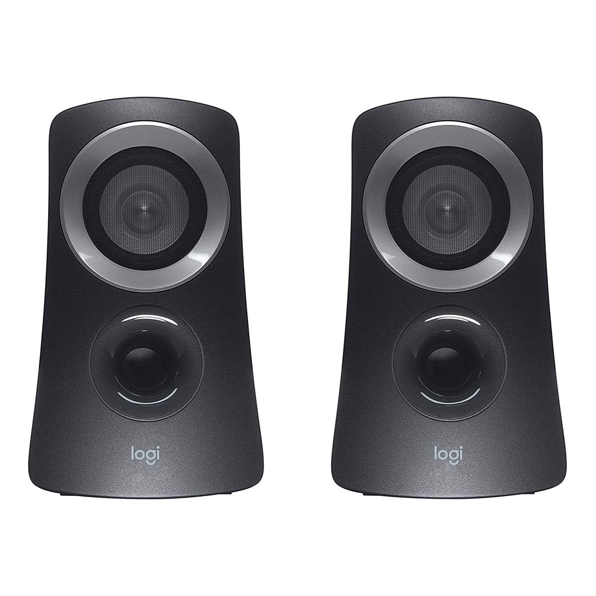 Due altoparlanti Logitech neri con anelli argentati e porte per bassi.