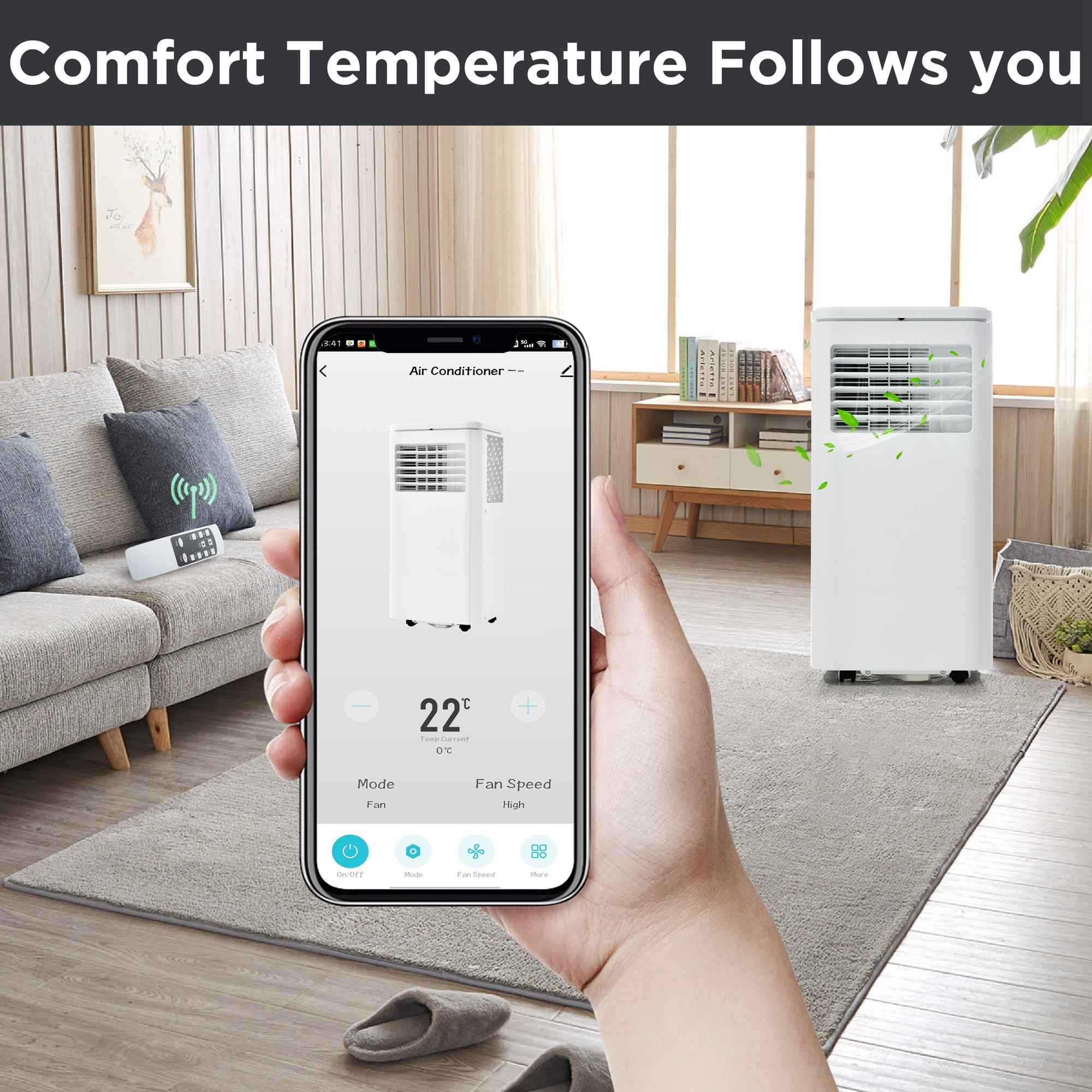 Ein weißer mobiler Klimaanlage neben einem Sofa, gesteuert per App.