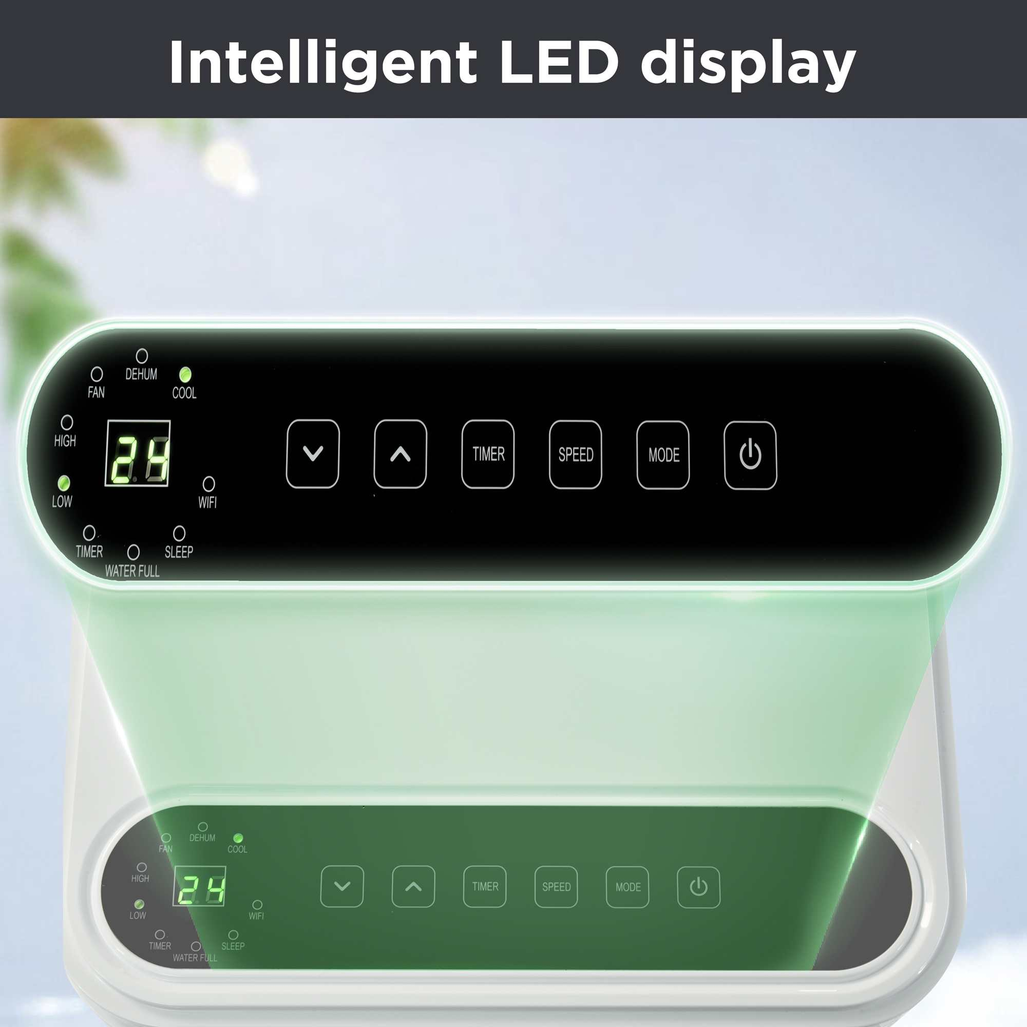Intelligentes LED-Display mit Lüfter-, Entfeuchter-, Kühl- und Schlafmodi.