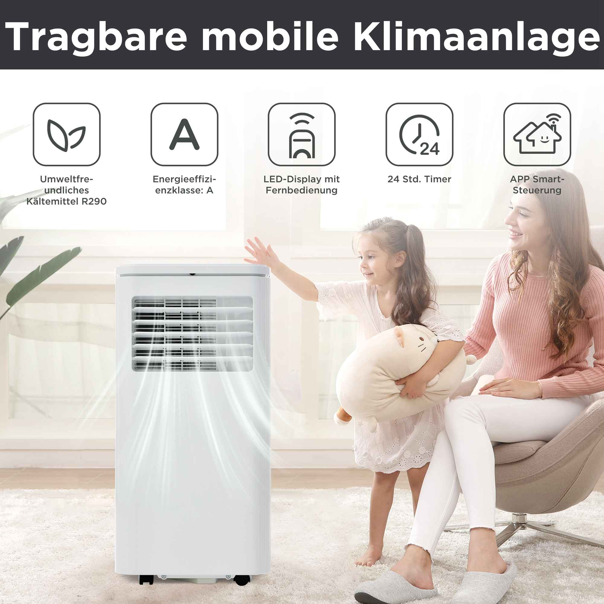 Tragbare Klimaanlage mit Icons für Energieeffizienz, Timer und App-Steuerung.