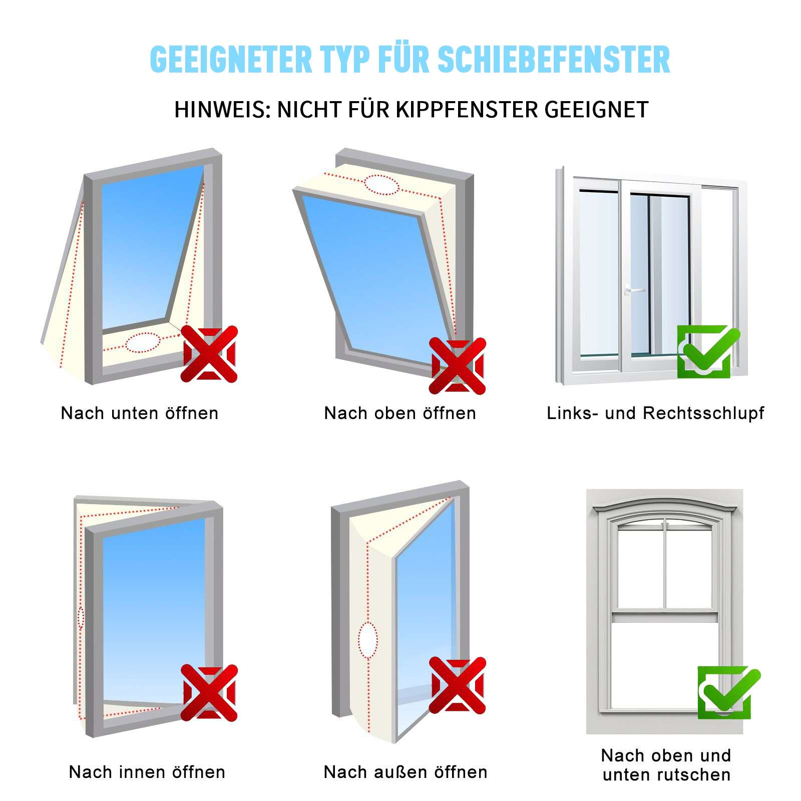 Grafik zeigt Fensteröffnungsarten. Geeignet für Schiebefenster, ungeeignet für Kippfenster.