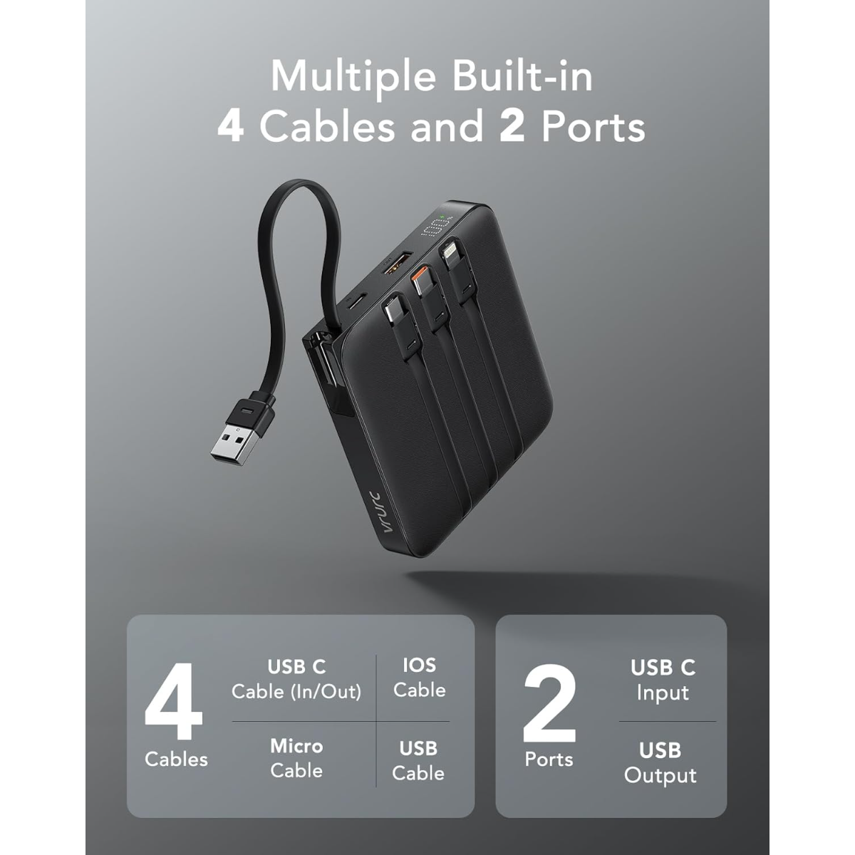 Schwarzes Powerbank mit 4 integrierten Kabeln (USB-C, Micro, iOS) und 2 Ports.