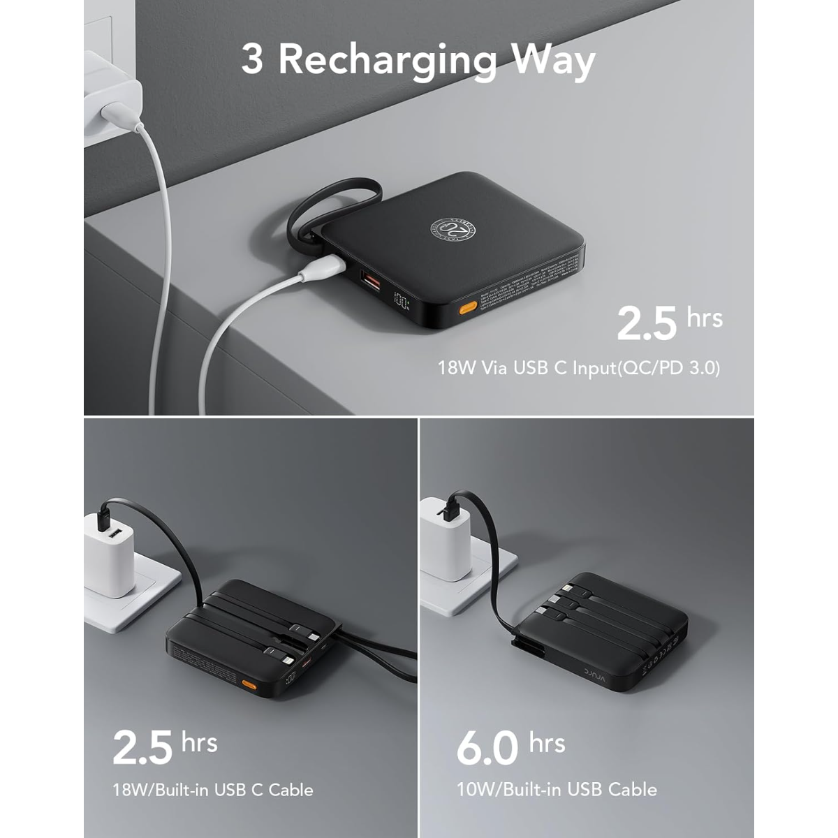Ein schwarzes Powerbank wird über USB-C aufgeladen. Unten wird es mit integriertem Kabel gezeigt.